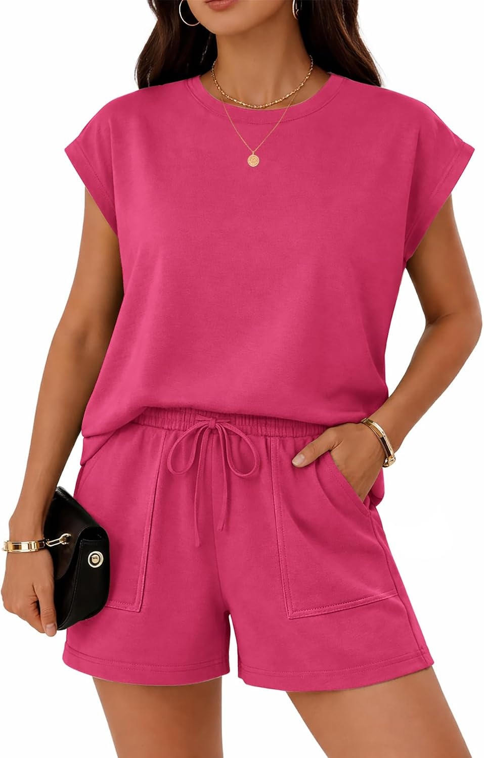 image:imageATHMILE Womens Two Piece Crew Neck Short Sets Cap Sleeve Drawstring Spring Summer Sweatsuit with Pocket Beach VacationHot Pink