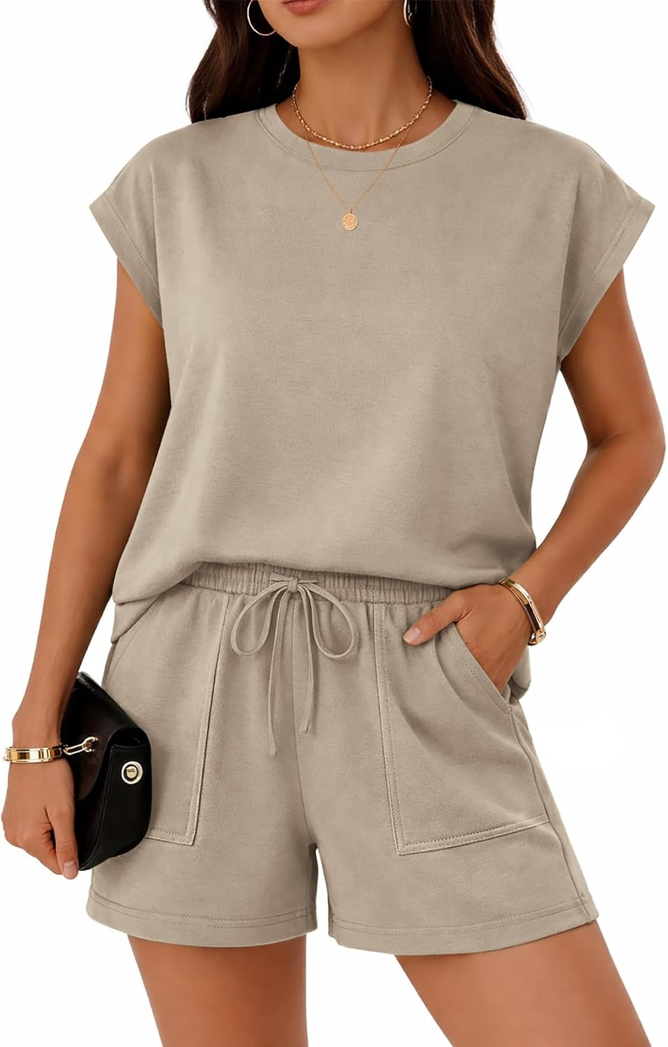 image:imageATHMILE Womens Two Piece Crew Neck Short Sets Cap Sleeve Drawstring Spring Summer Sweatsuit with Pocket Beach VacationKhaki
