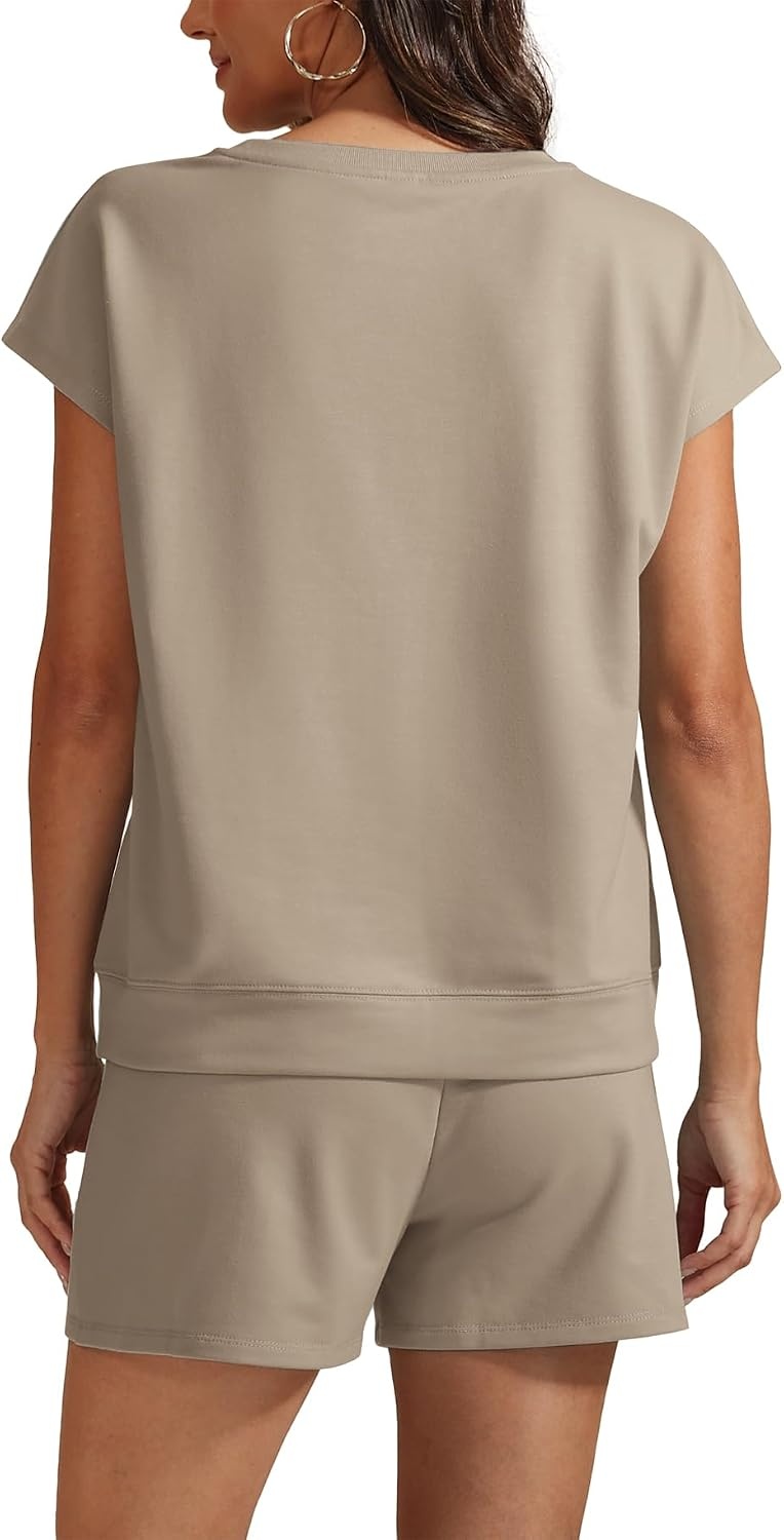 image:imageATHMILE Womens Two Piece Crew Neck Short Sets Cap Sleeve Drawstring Spring Summer Sweatsuit with Pocket Beach VacationKhaki
