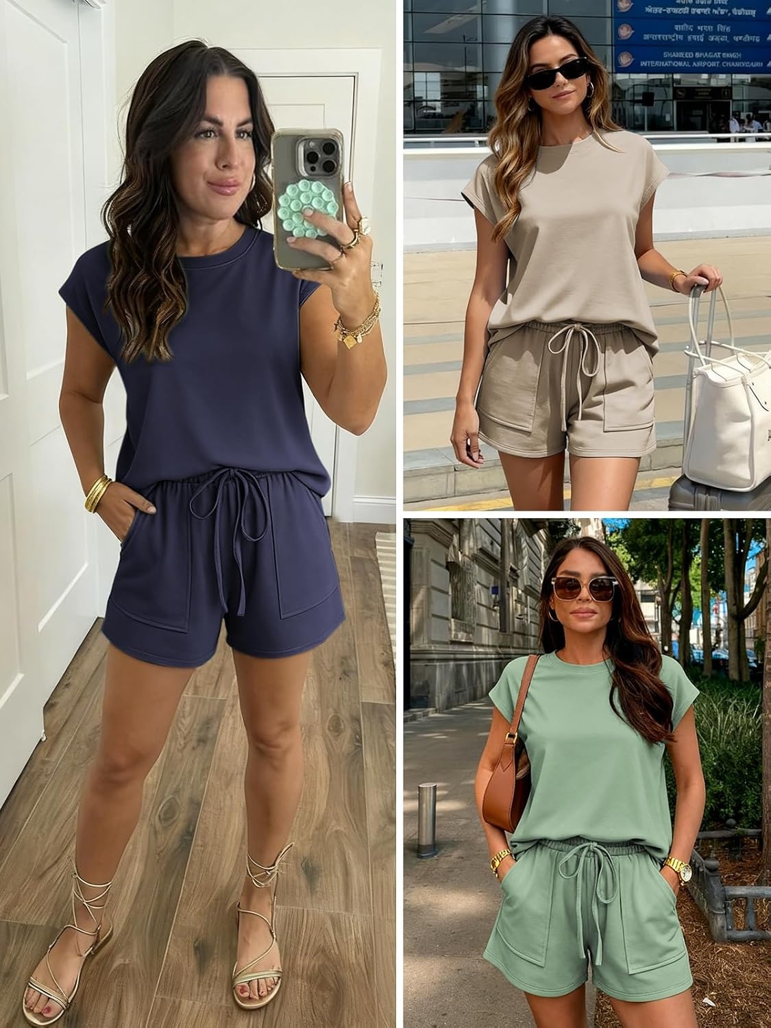 image:imageATHMILE Womens Two Piece Crew Neck Short Sets Cap Sleeve Drawstring Spring Summer Sweatsuit with Pocket Beach VacationNavy Blue