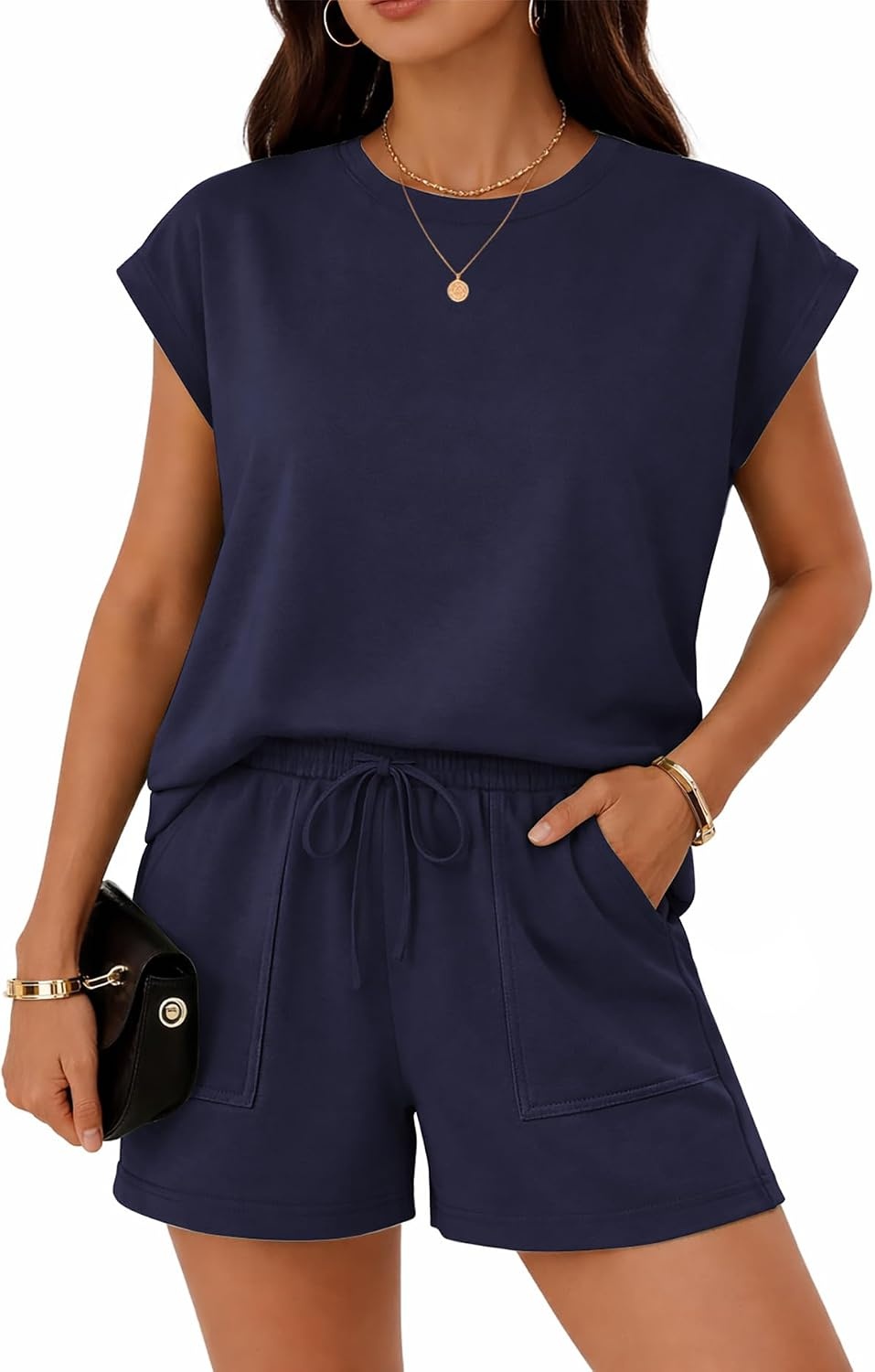 image:imageATHMILE Womens Two Piece Crew Neck Short Sets Cap Sleeve Drawstring Spring Summer Sweatsuit with Pocket Beach VacationNavy Blue