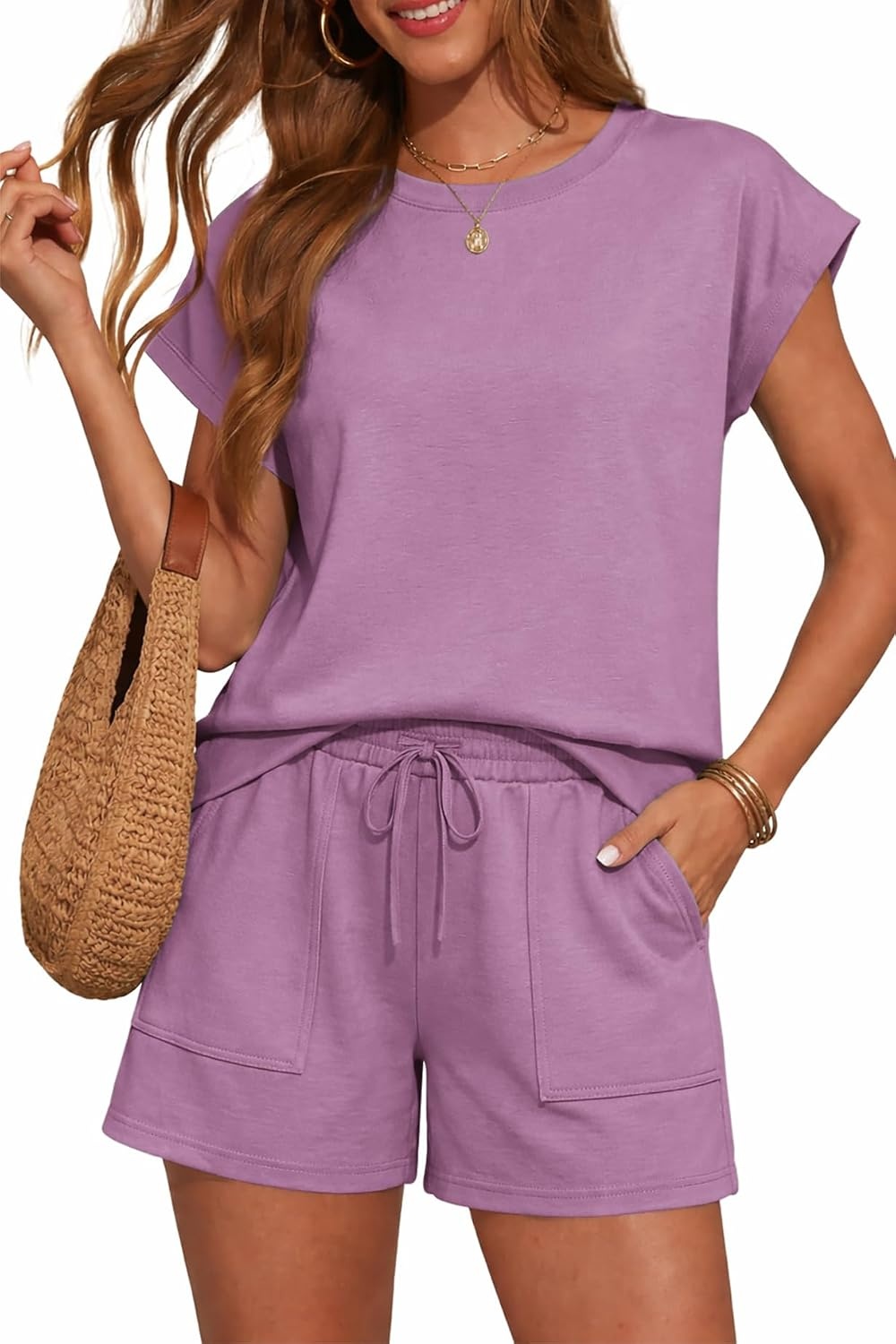 image:imageATHMILE Womens Two Piece Crew Neck Short Sets Cap Sleeve Drawstring Spring Summer Sweatsuit with Pocket Beach VacationPurple
