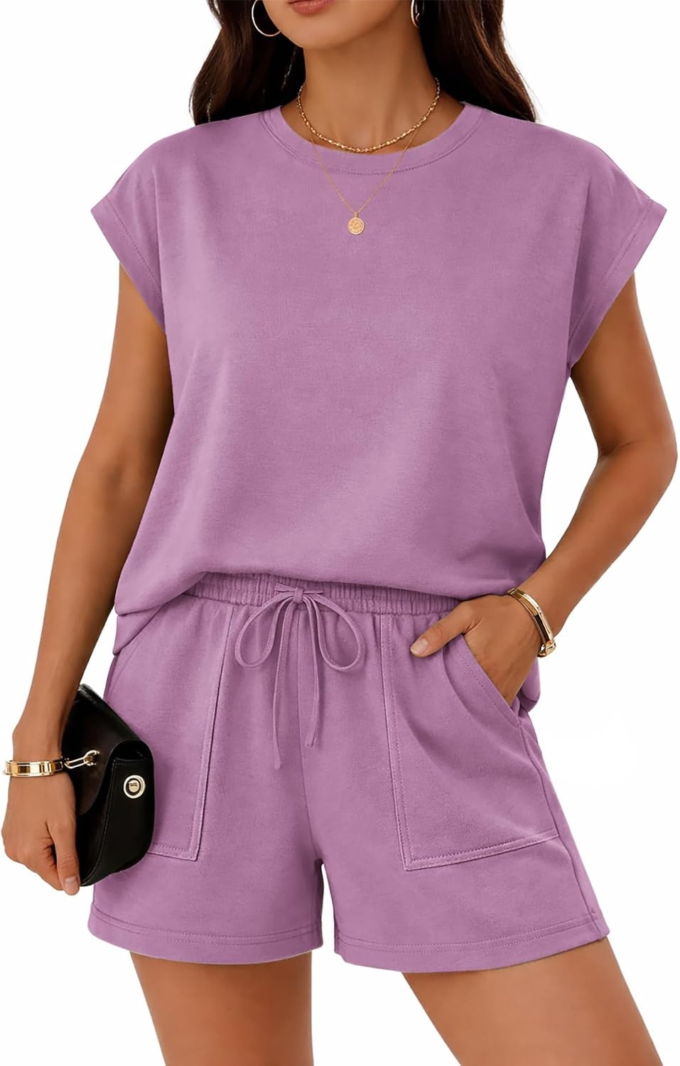image:imageATHMILE Womens Two Piece Crew Neck Short Sets Cap Sleeve Drawstring Spring Summer Sweatsuit with Pocket Beach VacationPurple