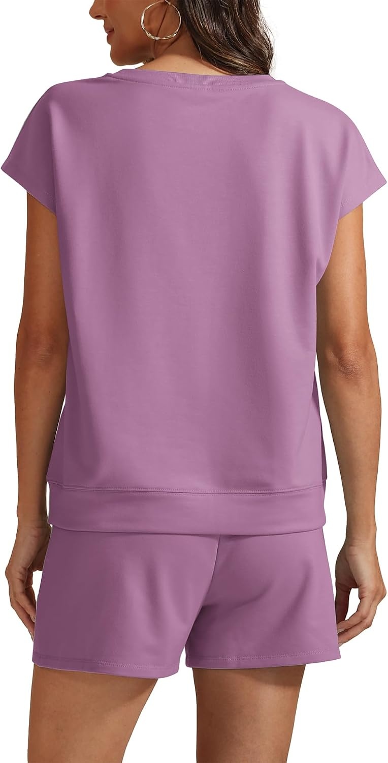 image:imageATHMILE Womens Two Piece Crew Neck Short Sets Cap Sleeve Drawstring Spring Summer Sweatsuit with Pocket Beach VacationPurple