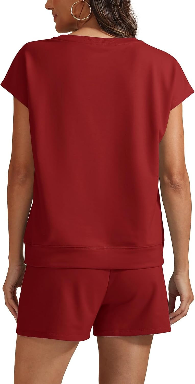 image:imageATHMILE Womens Two Piece Crew Neck Short Sets Cap Sleeve Drawstring Spring Summer Sweatsuit with Pocket Beach VacationRed