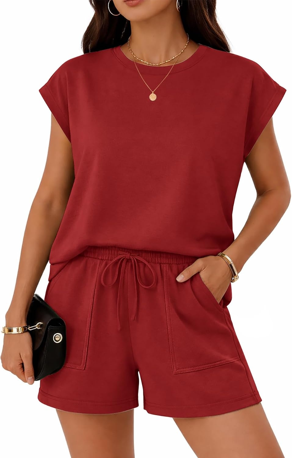 image:imageATHMILE Womens Two Piece Crew Neck Short Sets Cap Sleeve Drawstring Spring Summer Sweatsuit with Pocket Beach VacationRed
