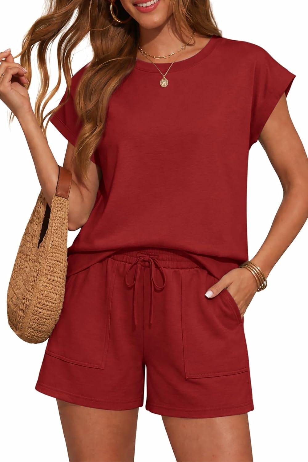 image:imageATHMILE Womens Two Piece Crew Neck Short Sets Cap Sleeve Drawstring Spring Summer Sweatsuit with Pocket Beach VacationRed