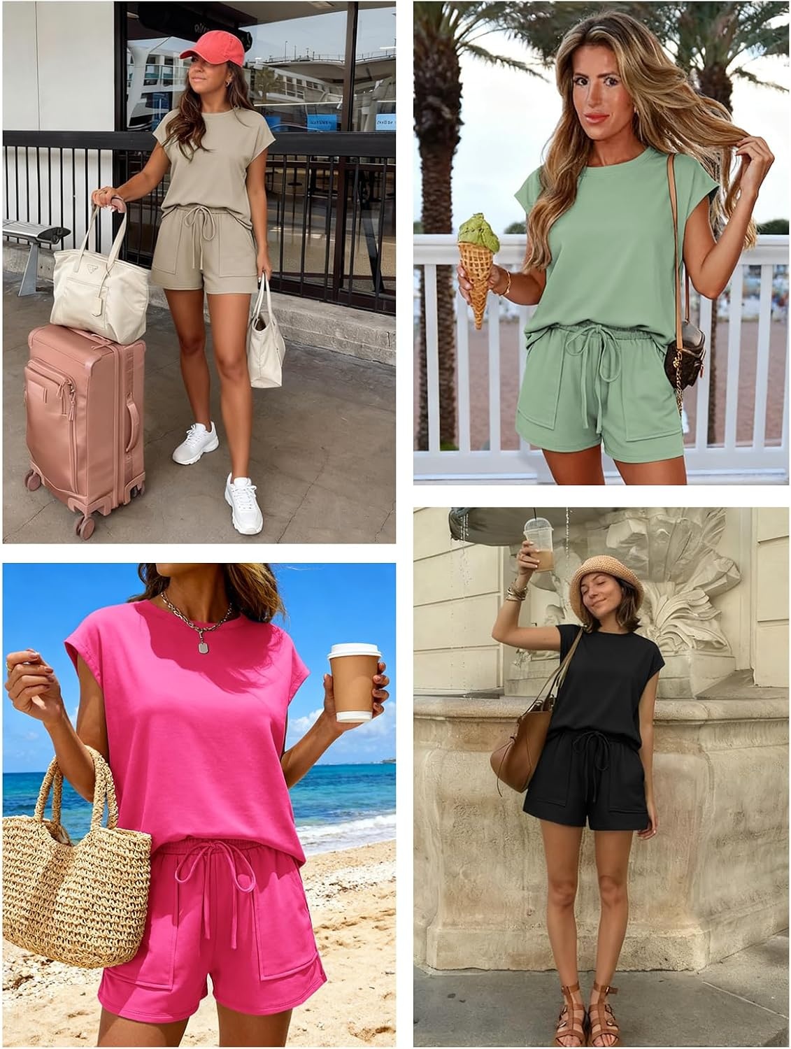 image:imageATHMILE Womens Two Piece Crew Neck Short Sets Cap Sleeve Drawstring Spring Summer Sweatsuit with Pocket Beach VacationRed