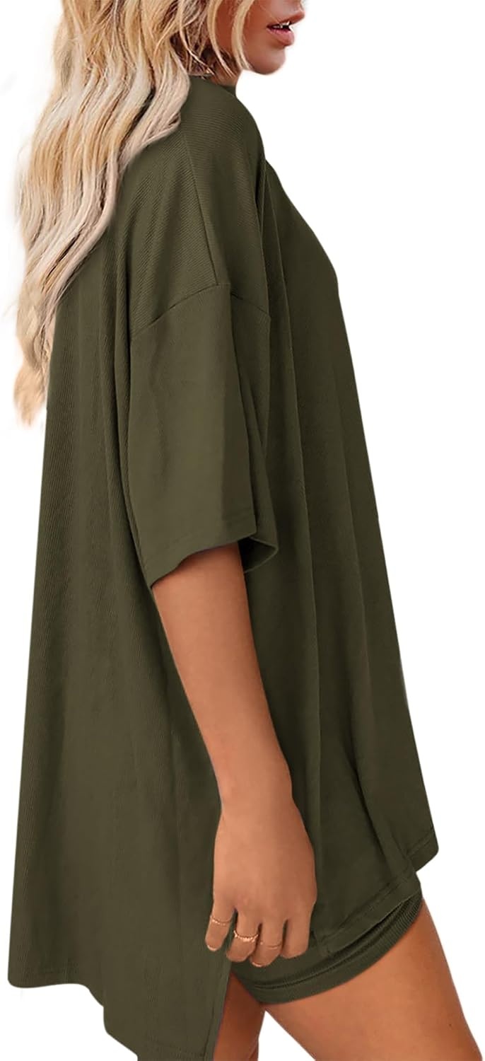 image:imageATHMILE Womens Two Piece Short Lounge Sets Spring Summer Casual Oversized Shirts Airport Travel Outfit Beach Vacation 2026Army Green