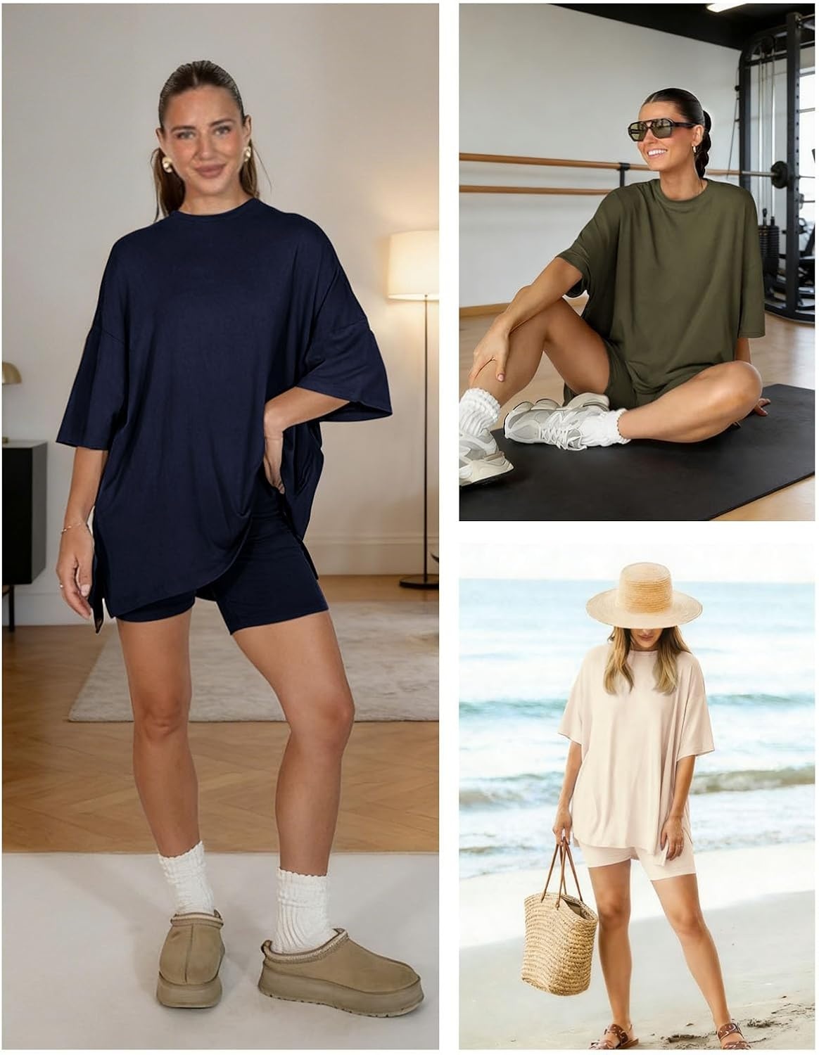 image:imageATHMILE Womens Two Piece Short Lounge Sets Spring Summer Casual Oversized Shirts Airport Travel Outfit Beach Vacation 2026Beige