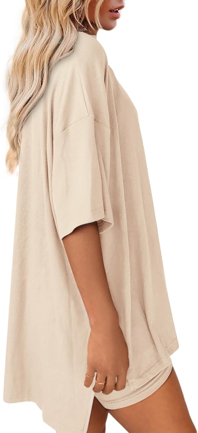 image:imageATHMILE Womens Two Piece Short Lounge Sets Spring Summer Casual Oversized Shirts Airport Travel Outfit Beach Vacation 2026Beige