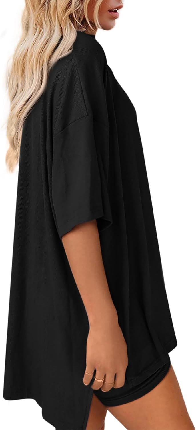image:imageATHMILE Womens Two Piece Short Lounge Sets Spring Summer Casual Oversized Shirts Airport Travel Outfit Beach Vacation 2026Black
