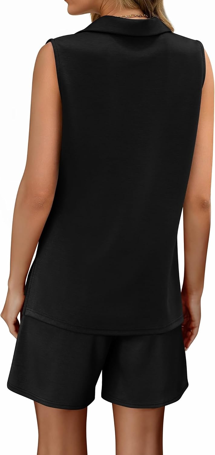 image:imageATHMILE Womens Two Piece Short Sets Summer V Neck Travel Outfits Sweatsuits Sleeveless Lounge Sets TracksuitBlack