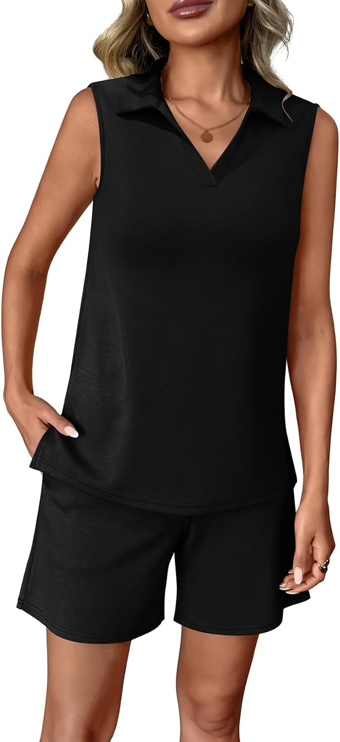 image:imageATHMILE Womens Two Piece Short Sets Summer V Neck Travel Outfits Sweatsuits Sleeveless Lounge Sets TracksuitBlack