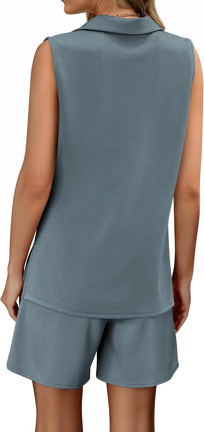 image:imageATHMILE Womens Two Piece Short Sets Summer V Neck Travel Outfits Sweatsuits Sleeveless Lounge Sets TracksuitBlue