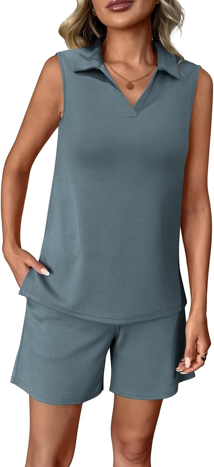 image:imageATHMILE Womens Two Piece Short Sets Summer V Neck Travel Outfits Sweatsuits Sleeveless Lounge Sets TracksuitBlue