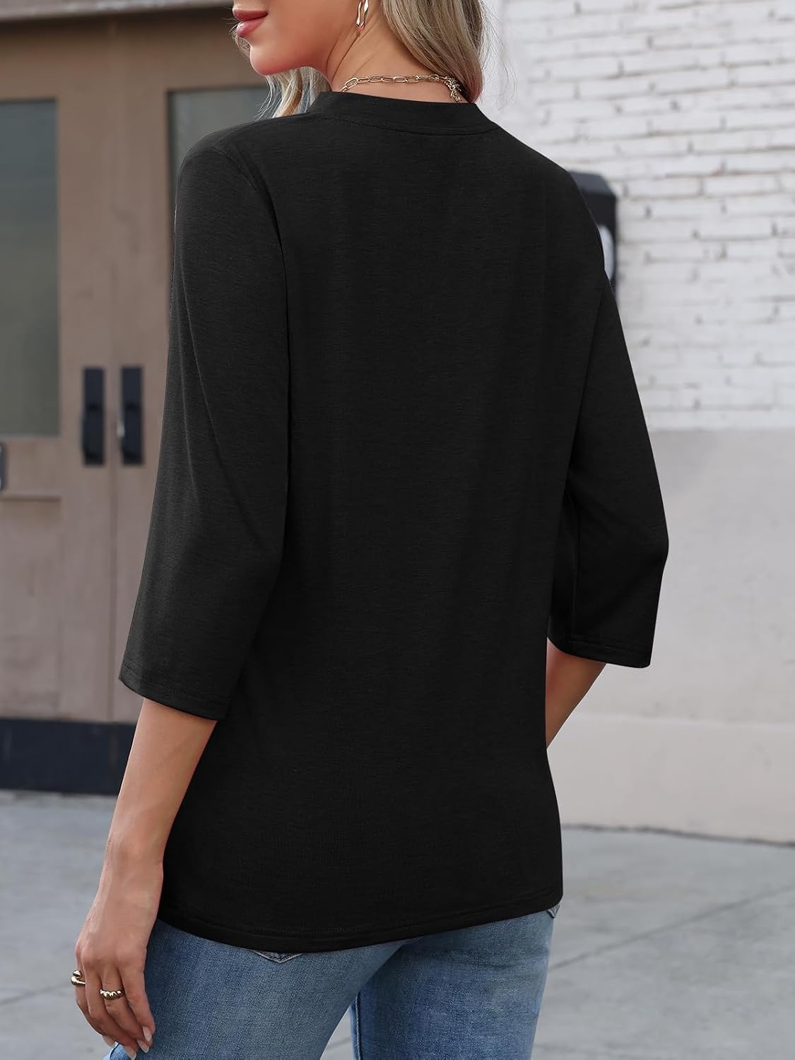 image:imageATHMILE Womens V Neck 34 Sleeve T Shirts Spring Summer Tops Tunic Casual Tees Henley Beach Vacation Basic Fashion ClothesHalfblack