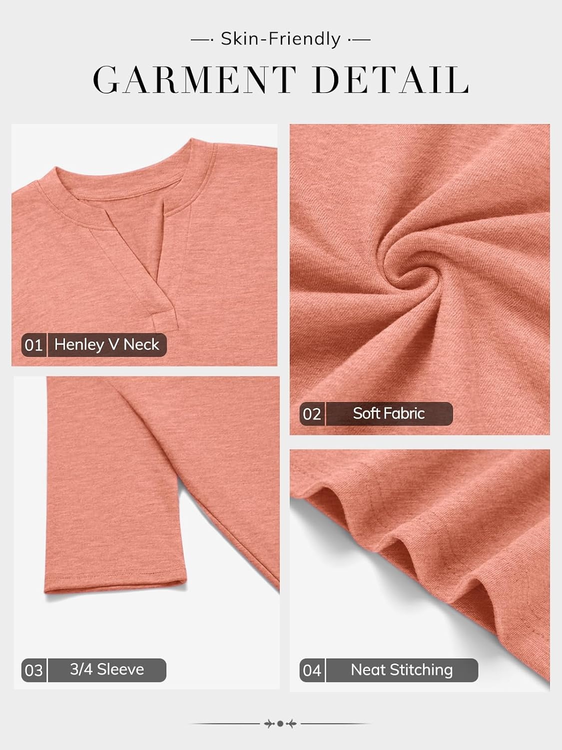 image:imageATHMILE Womens V Neck 34 Sleeve T Shirts Spring Summer Tops Tunic Casual Tees Henley Beach Vacation Basic Fashion ClothesHalfcoral Pink