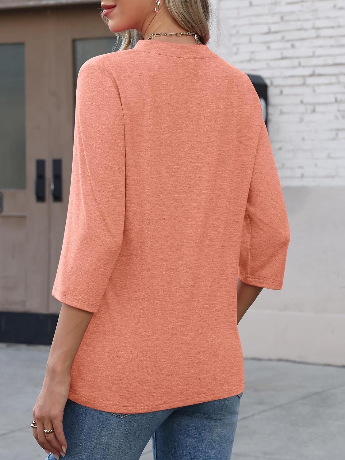 image:imageATHMILE Womens V Neck 34 Sleeve T Shirts Spring Summer Tops Tunic Casual Tees Henley Beach Vacation Basic Fashion ClothesHalfcoral Pink