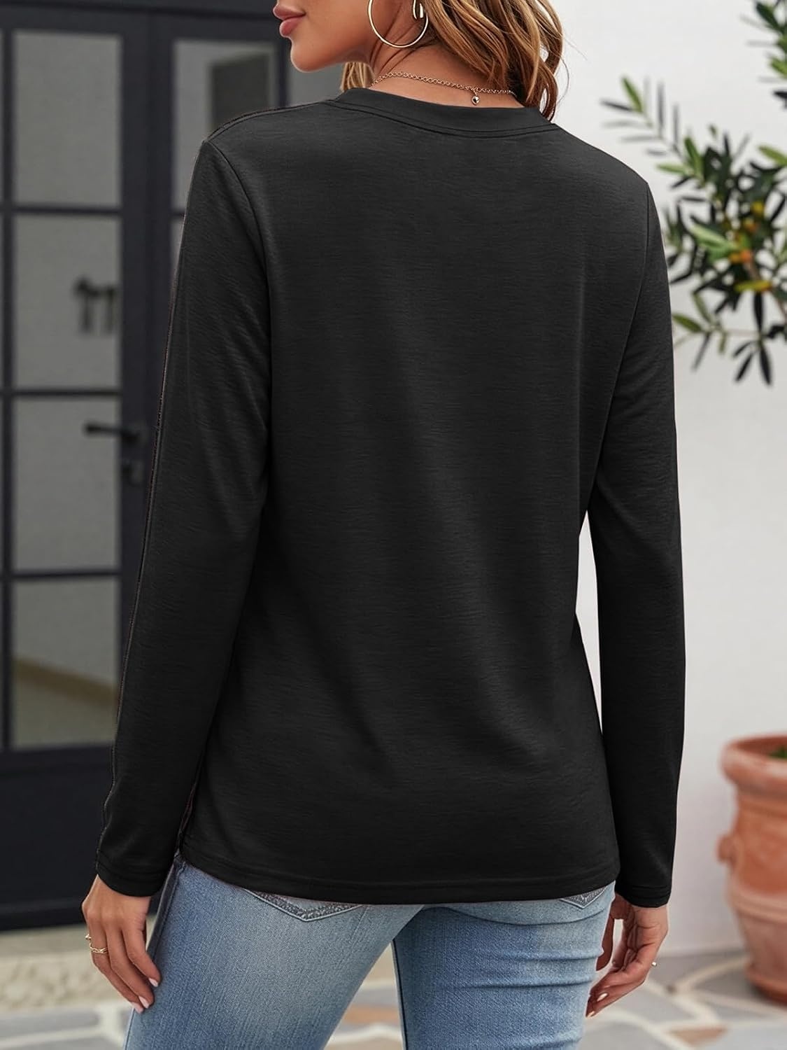image:imageATHMILE Womens V Neck 34 Sleeve T Shirts Spring Summer Tops Tunic Casual Tees Henley Beach Vacation Basic Fashion ClothesLongblack