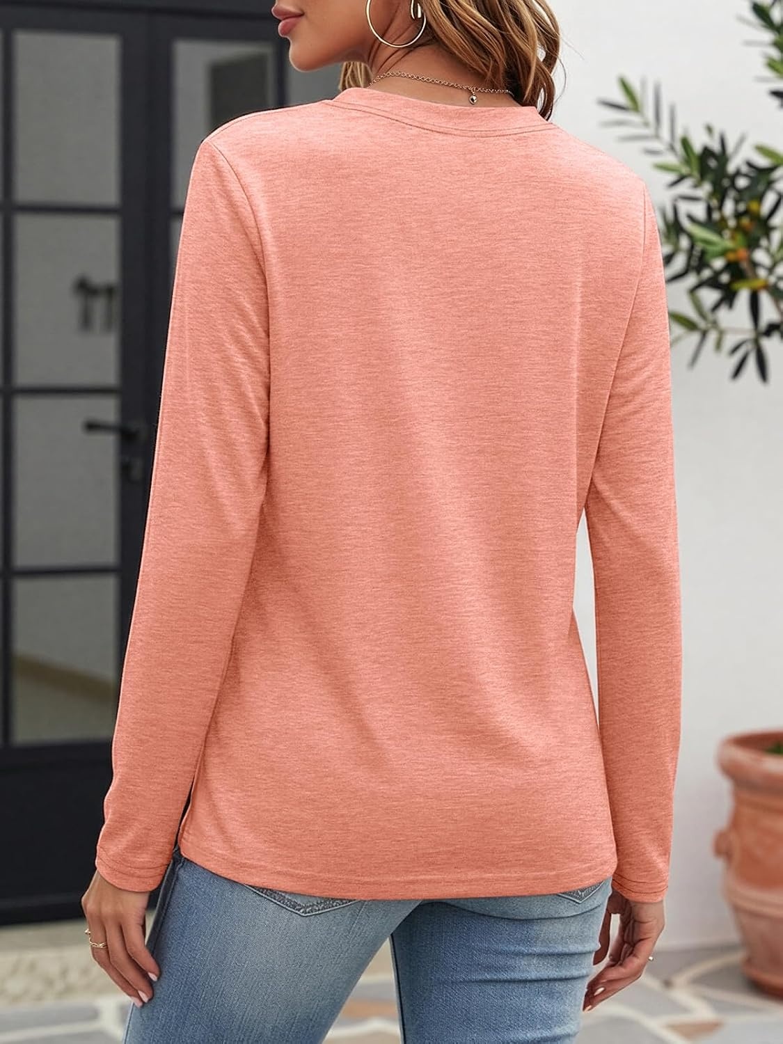 image:imageATHMILE Womens V Neck 34 Sleeve T Shirts Spring Summer Tops Tunic Casual Tees Henley Beach Vacation Basic Fashion ClothesLongcoral Pink