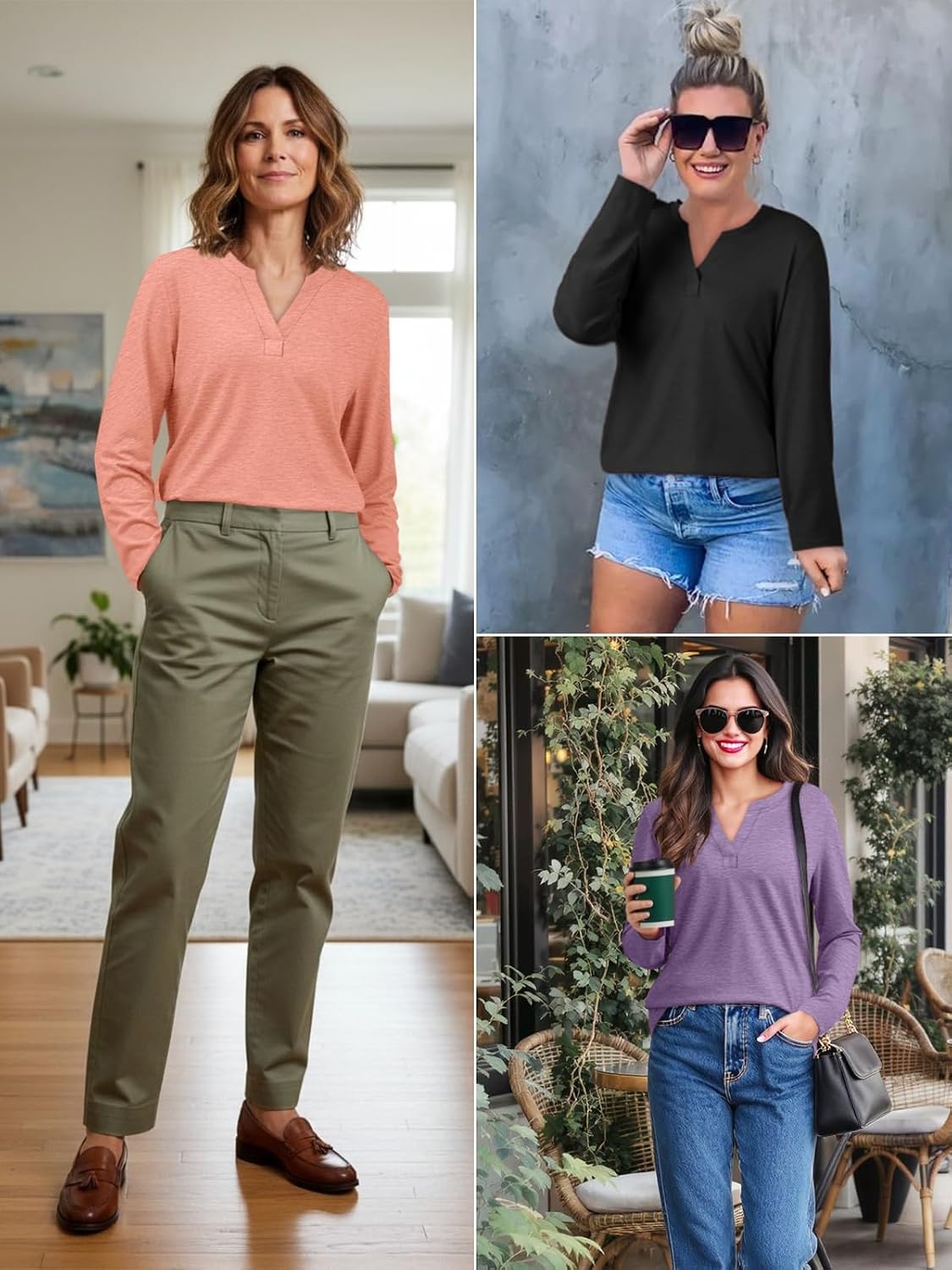 image:imageATHMILE Womens V Neck 34 Sleeve T Shirts Spring Summer Tops Tunic Casual Tees Henley Beach Vacation Basic Fashion ClothesLongteal Green