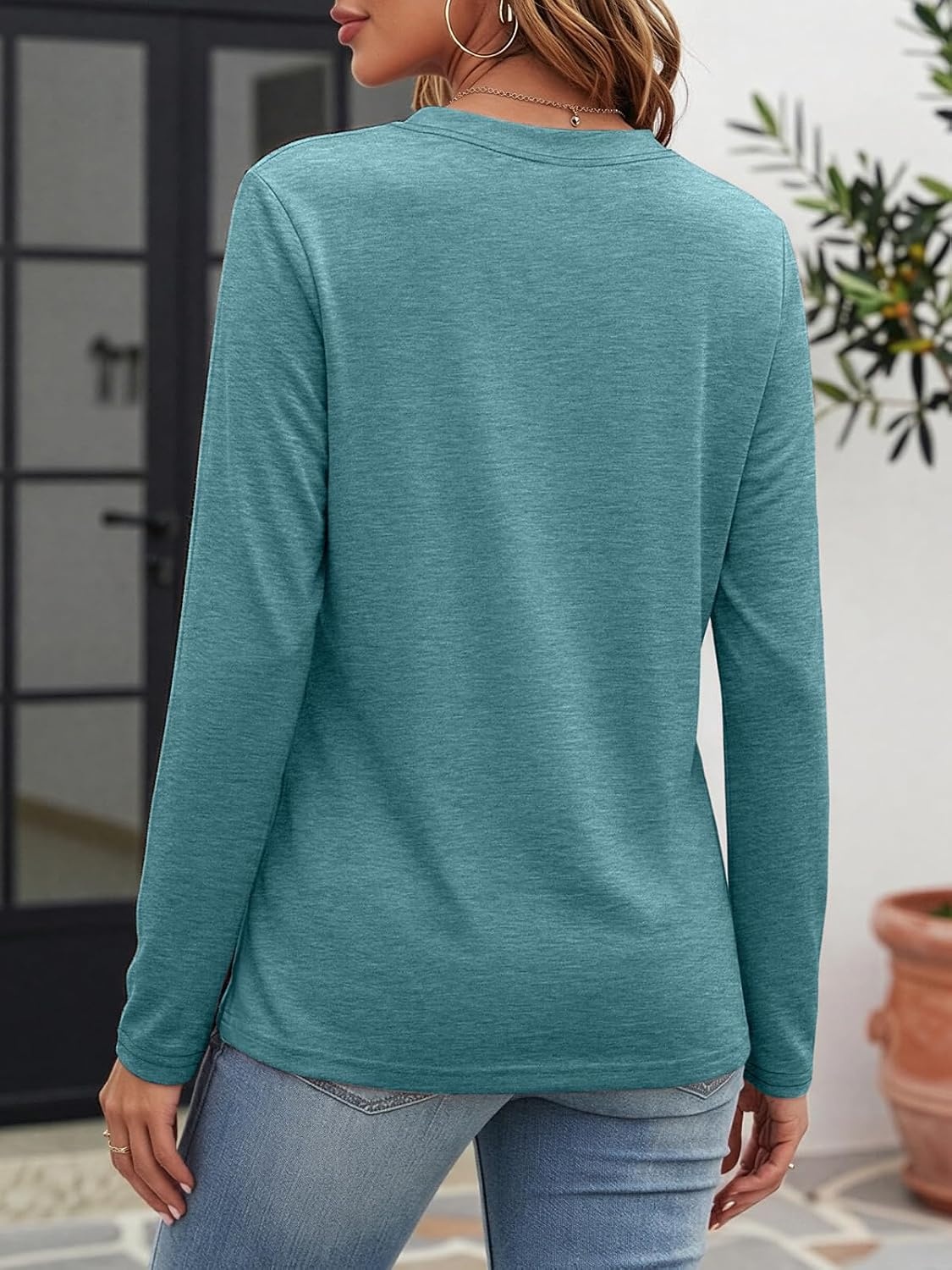 image:imageATHMILE Womens V Neck 34 Sleeve T Shirts Spring Summer Tops Tunic Casual Tees Henley Beach Vacation Basic Fashion ClothesLongteal Green