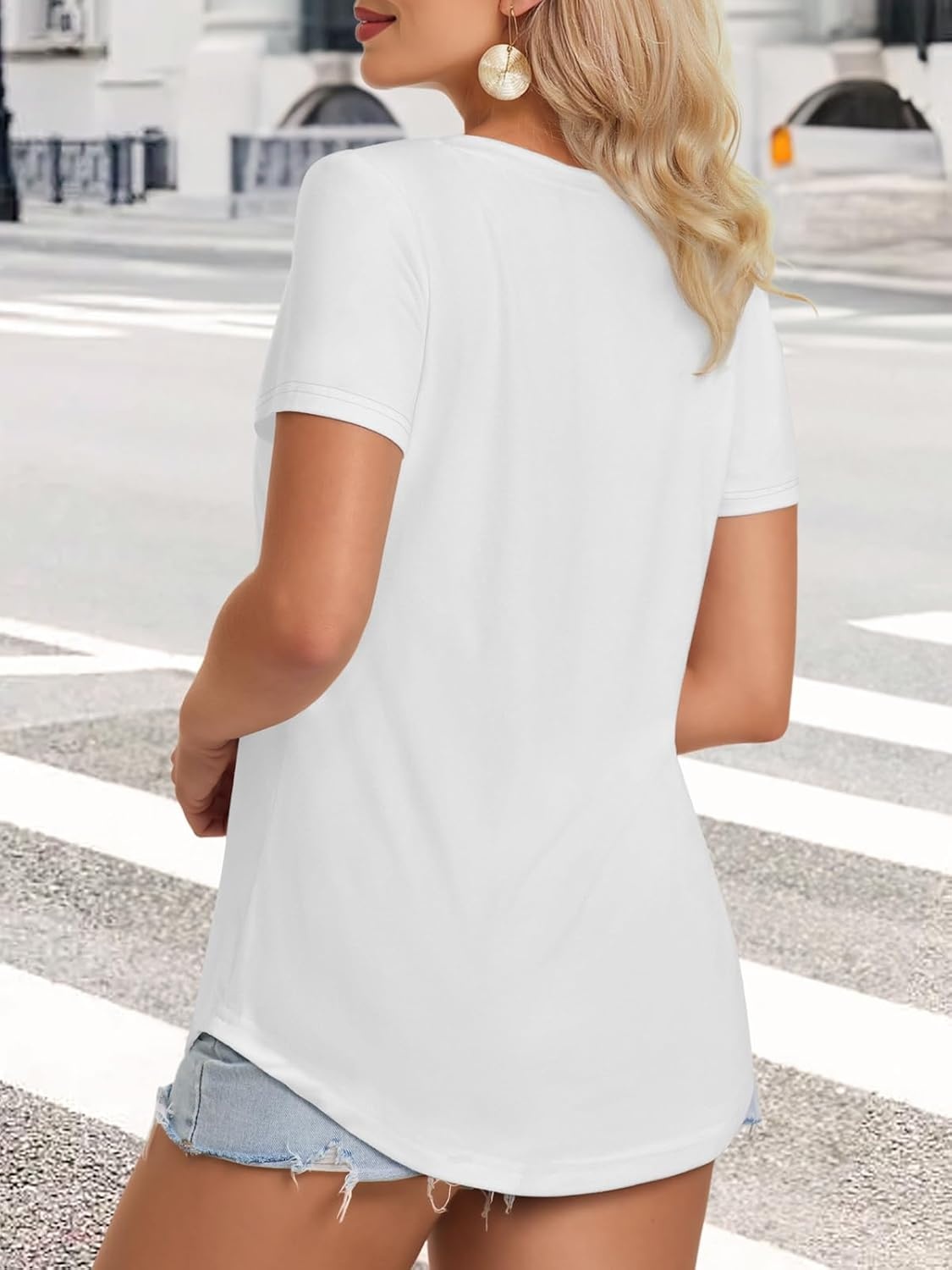 image:imageATHMILE Womens V Neck Short Sleeve Summer T Shirts Curved Hem Plain Top BeachWhite