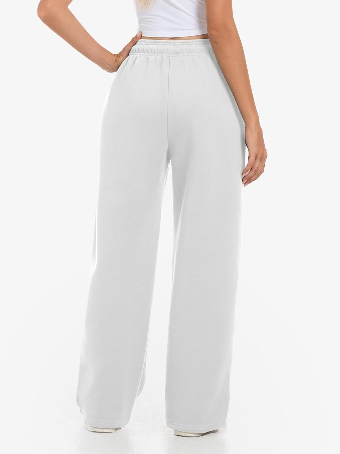 image:imageATHMILE Womens Wide Leg Fleece Lined Sweatpants High Waisted Baggy Drawstring Joggers Straight Leg Sweat PantsWhite