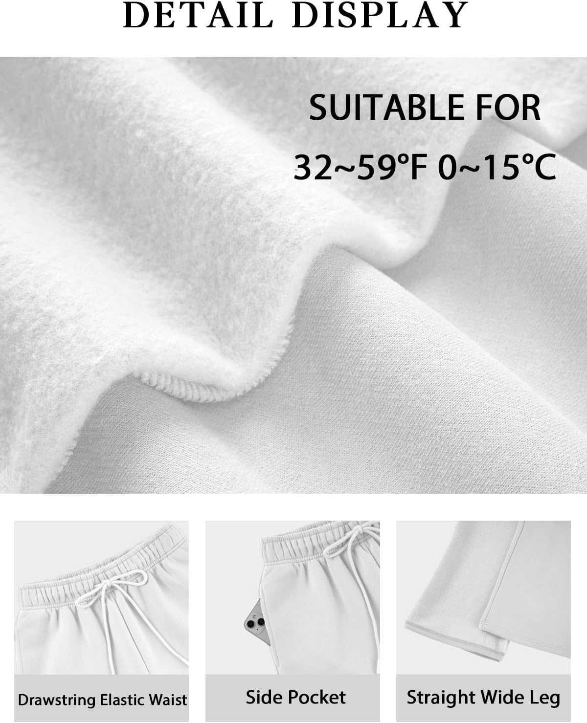 image:imageATHMILE Womens Wide Leg Fleece Lined Sweatpants High Waisted Baggy Drawstring Joggers Straight Leg Sweat PantsWhite