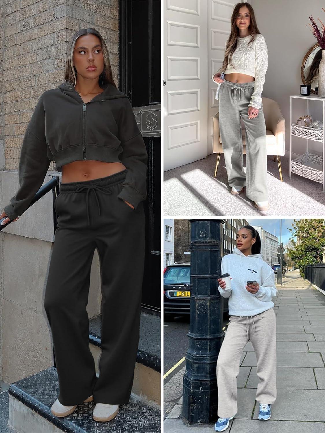 image:imageATHMILE Womens Wide Leg Fleece Lined Sweatpants High Waisted Baggy Drawstring Joggers Straight Leg Sweat PantsWhite