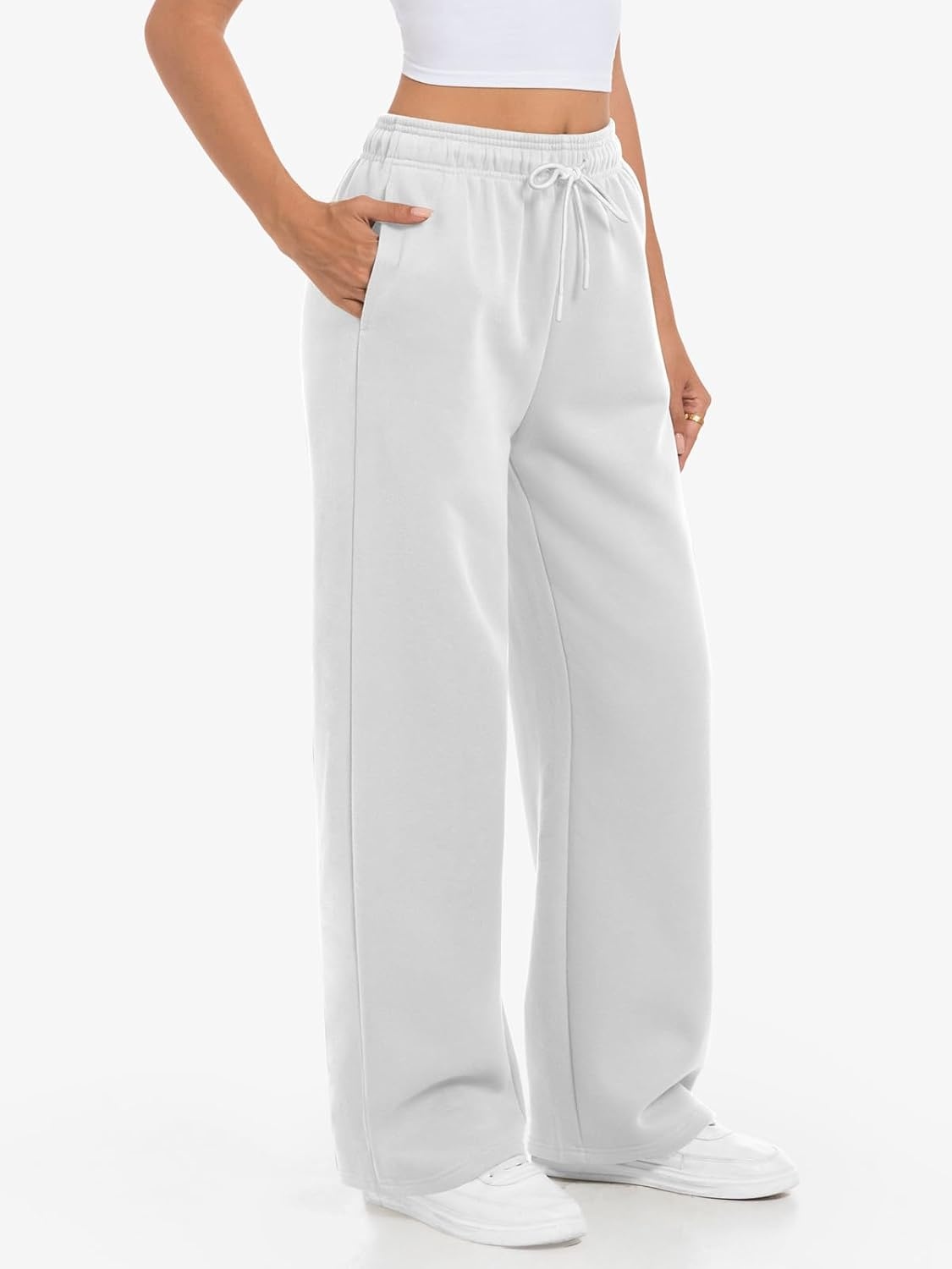 image:imageATHMILE Womens Wide Leg Fleece Lined Sweatpants High Waisted Baggy Drawstring Joggers Straight Leg Sweat PantsWhite