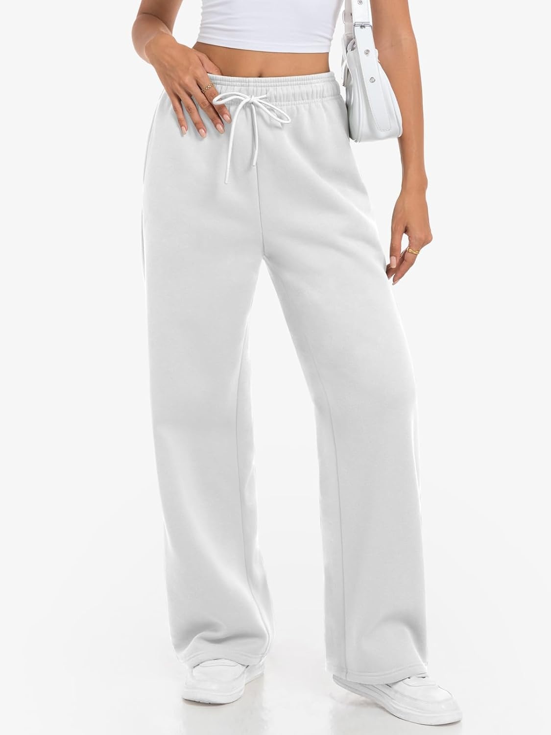 image:imageATHMILE Womens Wide Leg Fleece Lined Sweatpants High Waisted Baggy Drawstring Joggers Straight Leg Sweat PantsWhite