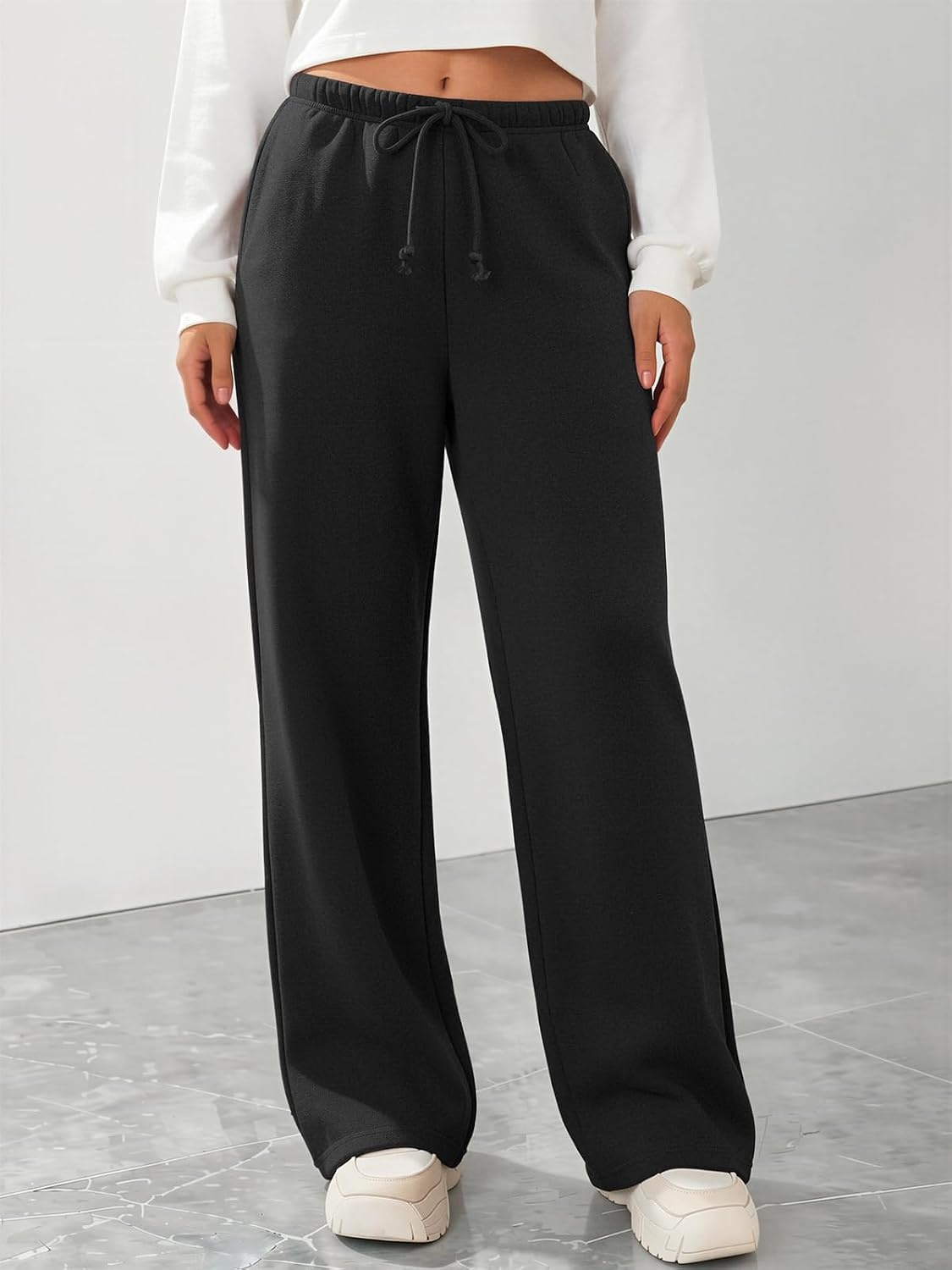 image:imageATHMILE Womens Wide Leg Sweatpants Fleece Lined Pants Long Straight Streetwear Drawstring Low Waist Loose Baggy JoggerBlack