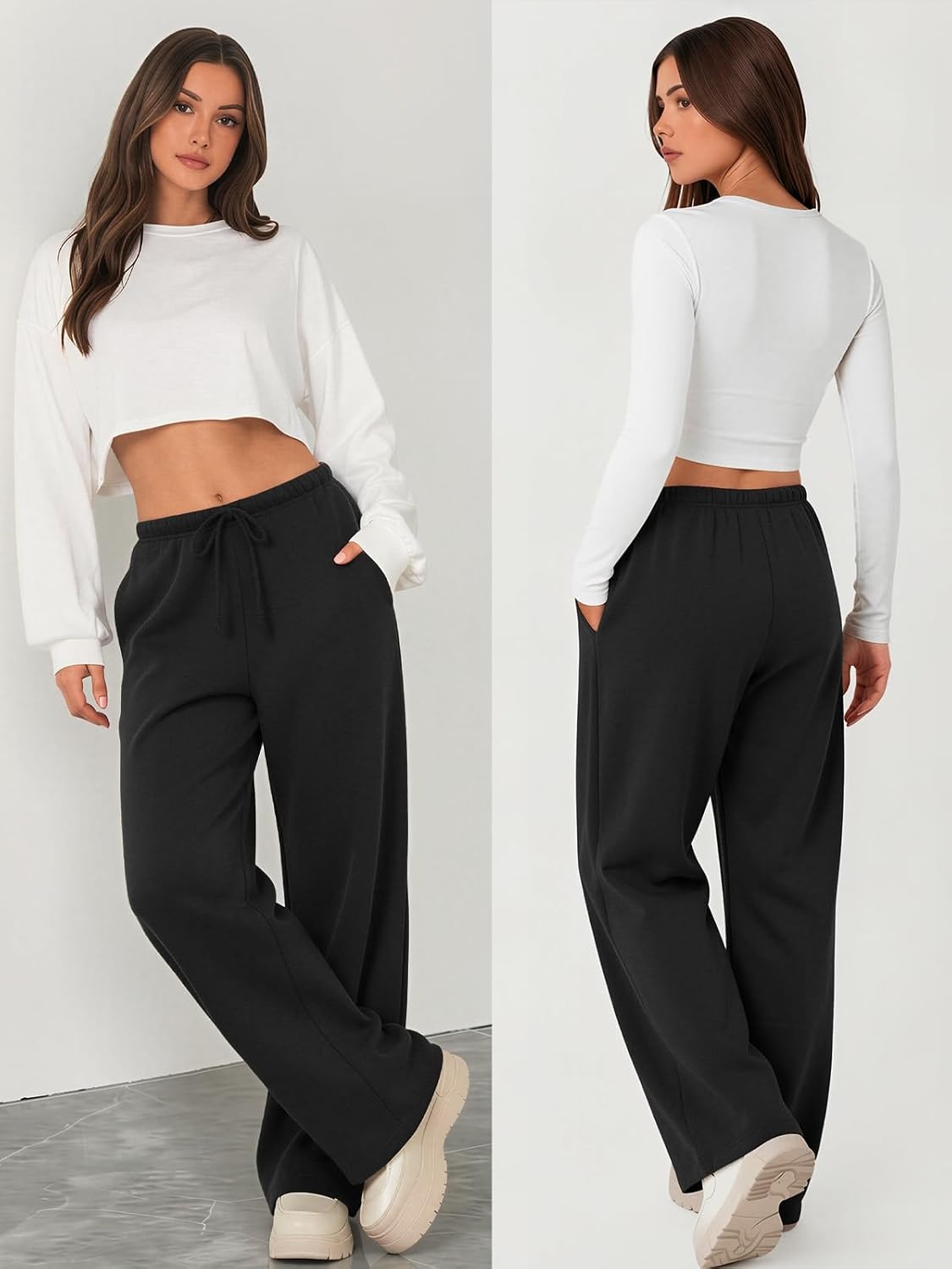 image:imageATHMILE Womens Wide Leg Sweatpants Fleece Lined Pants Long Straight Streetwear Drawstring Low Waist Loose Baggy JoggerBlack