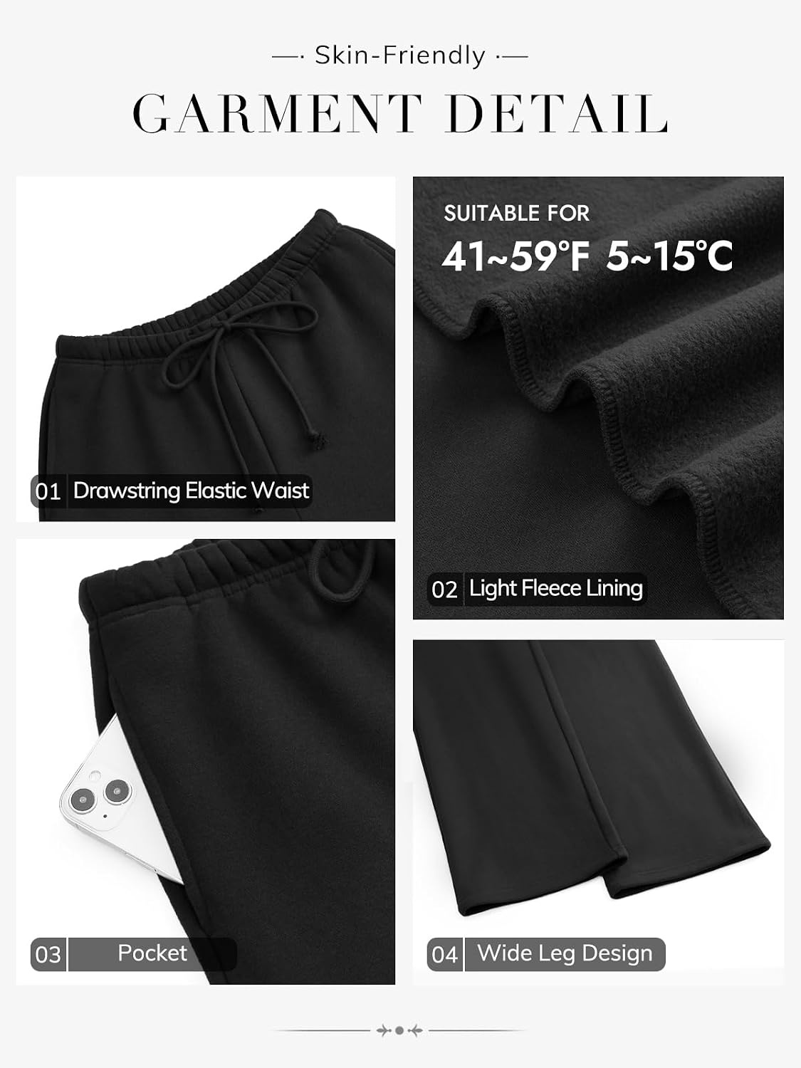 image:imageATHMILE Womens Wide Leg Sweatpants Fleece Lined Pants Long Straight Streetwear Drawstring Low Waist Loose Baggy JoggerBlack