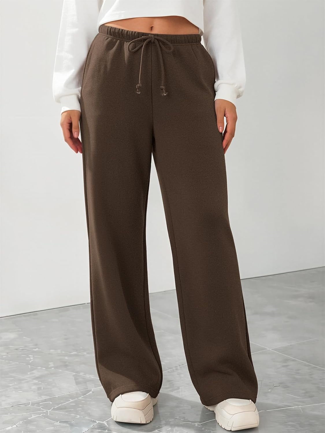image:imageATHMILE Womens Wide Leg Sweatpants Fleece Lined Pants Long Straight Streetwear Drawstring Low Waist Loose Baggy JoggerBrown