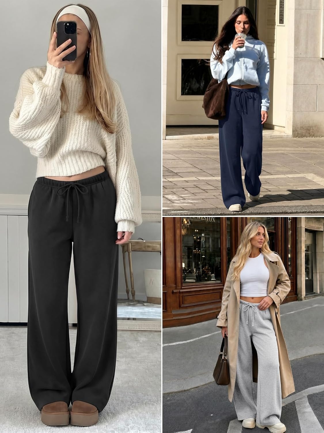 image:imageATHMILE Womens Wide Leg Sweatpants Fleece Lined Pants Long Straight Streetwear Drawstring Low Waist Loose Baggy JoggerBrown