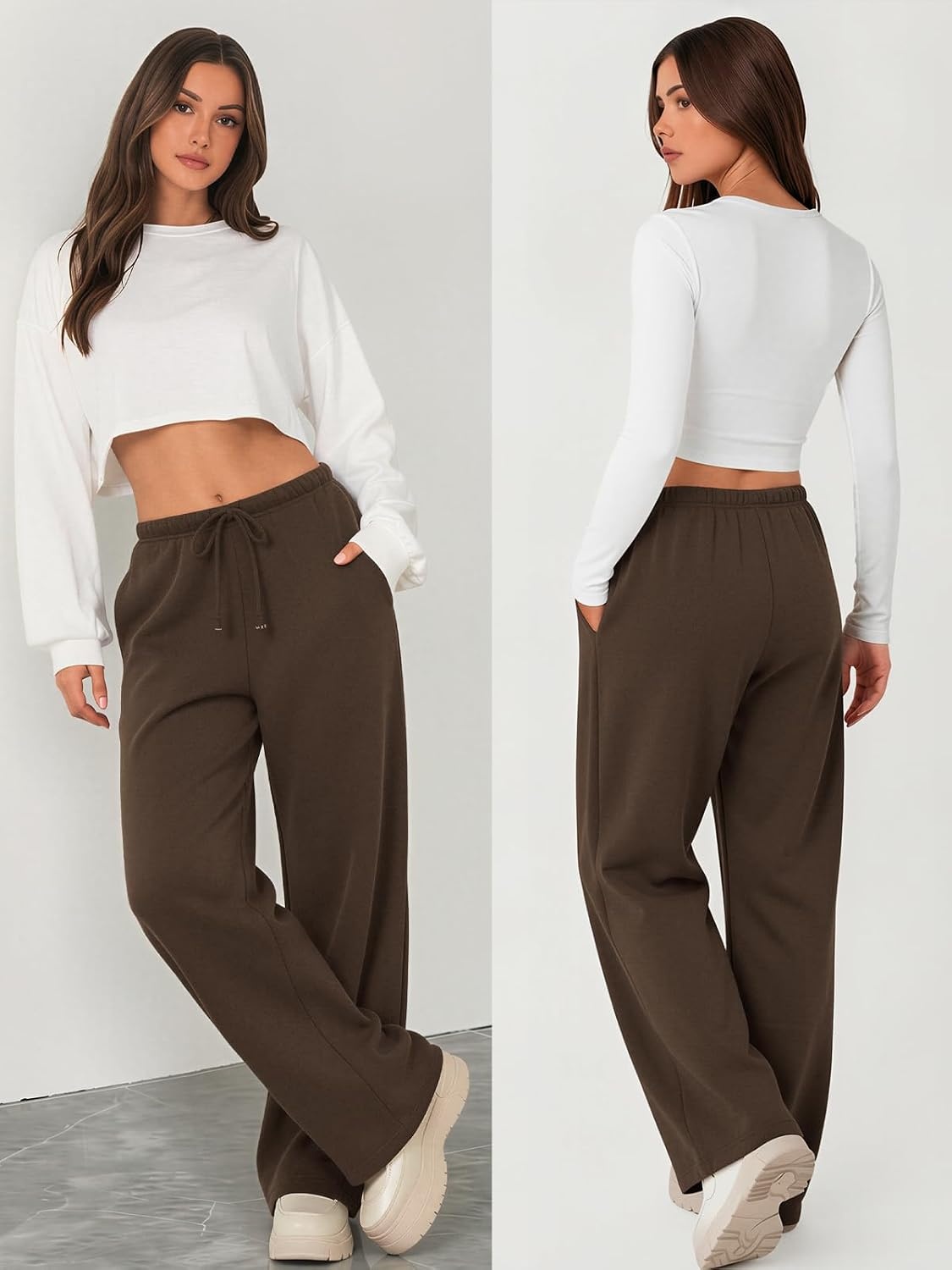 image:imageATHMILE Womens Wide Leg Sweatpants Fleece Lined Pants Long Straight Streetwear Drawstring Low Waist Loose Baggy JoggerBrown