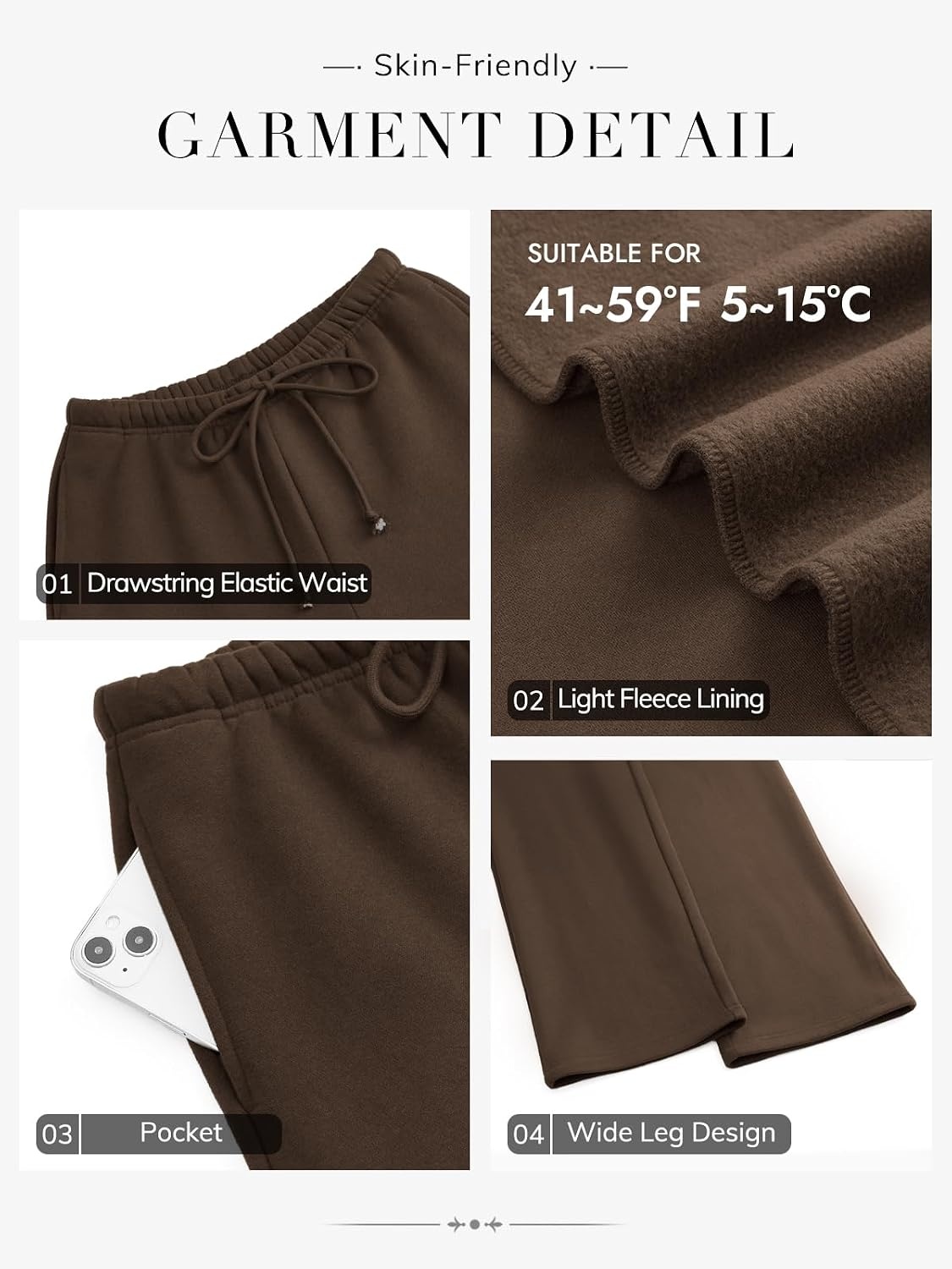 image:imageATHMILE Womens Wide Leg Sweatpants Fleece Lined Pants Long Straight Streetwear Drawstring Low Waist Loose Baggy JoggerBrown