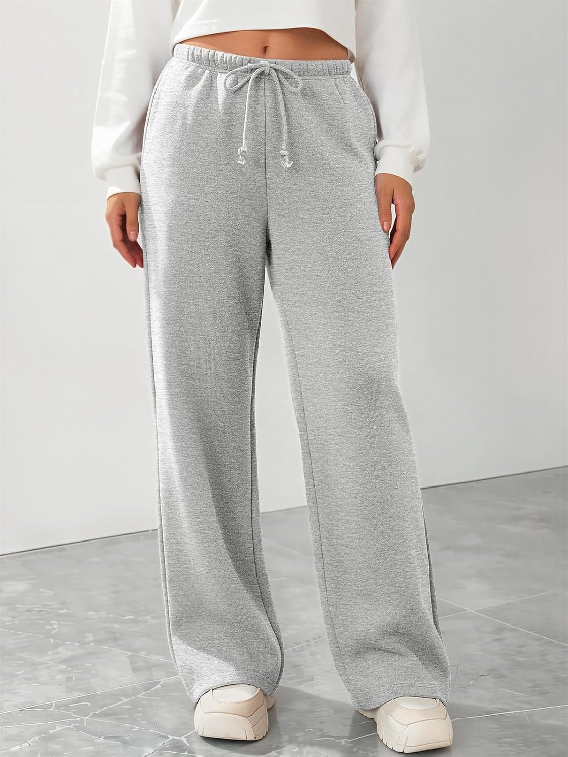 image:imageATHMILE Womens Wide Leg Sweatpants Fleece Lined Pants Long Straight Streetwear Drawstring Low Waist Loose Baggy JoggerGrey