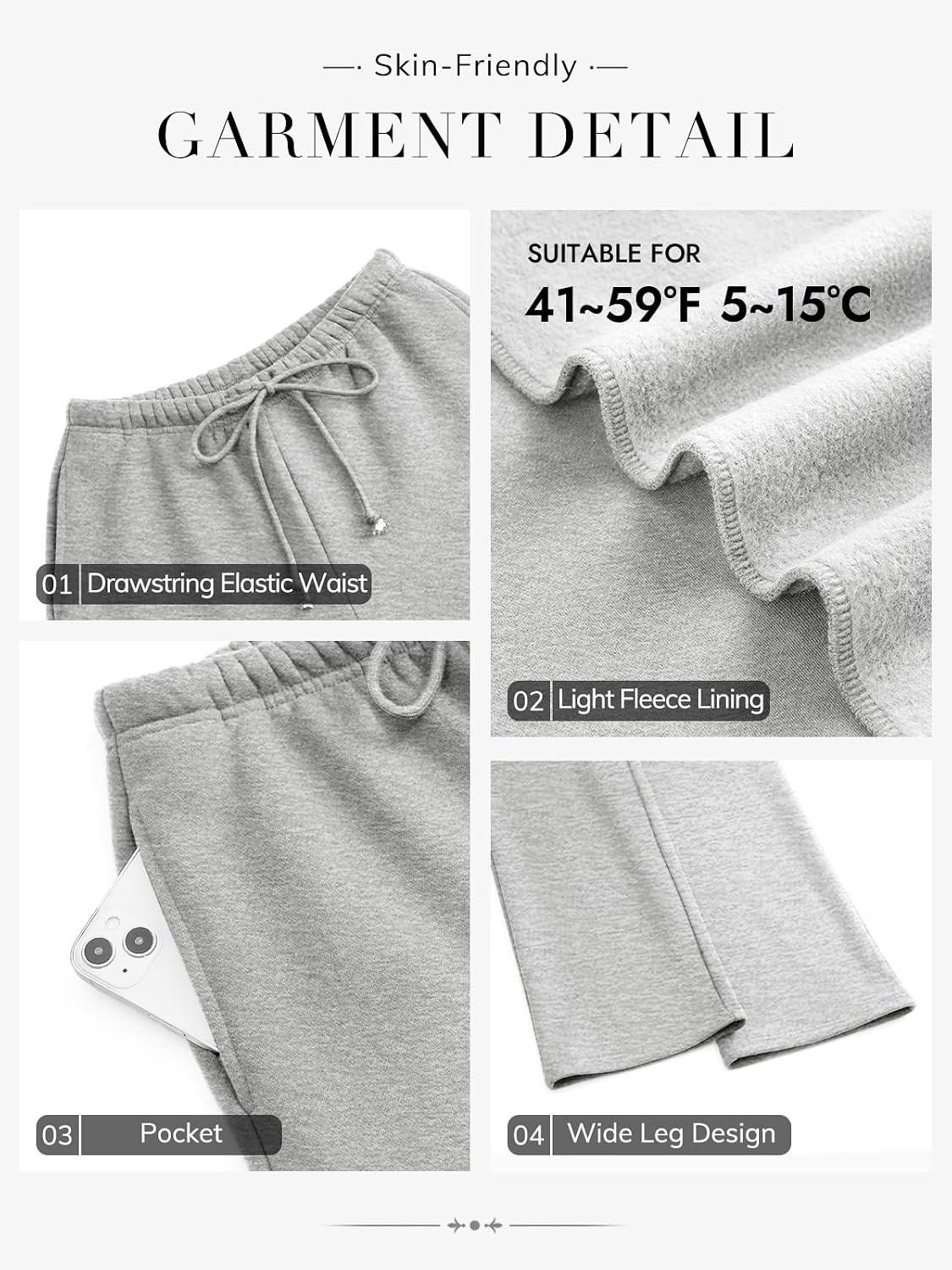 image:imageATHMILE Womens Wide Leg Sweatpants Fleece Lined Pants Long Straight Streetwear Drawstring Low Waist Loose Baggy JoggerGrey