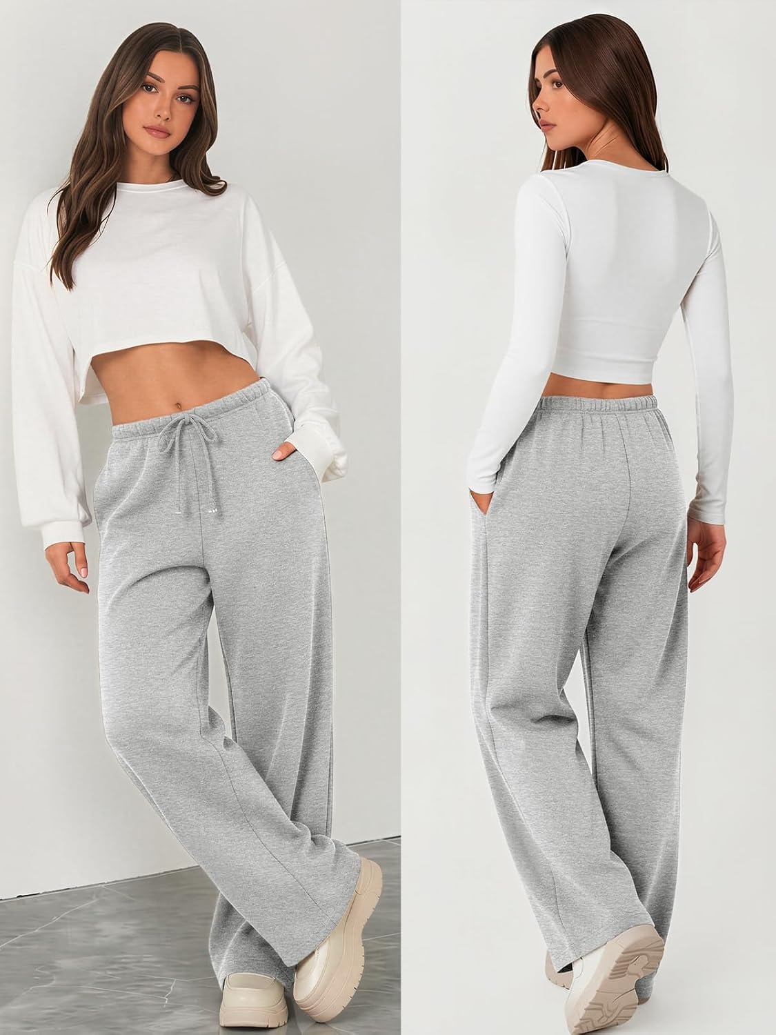 image:imageATHMILE Womens Wide Leg Sweatpants Fleece Lined Pants Long Straight Streetwear Drawstring Low Waist Loose Baggy JoggerGrey