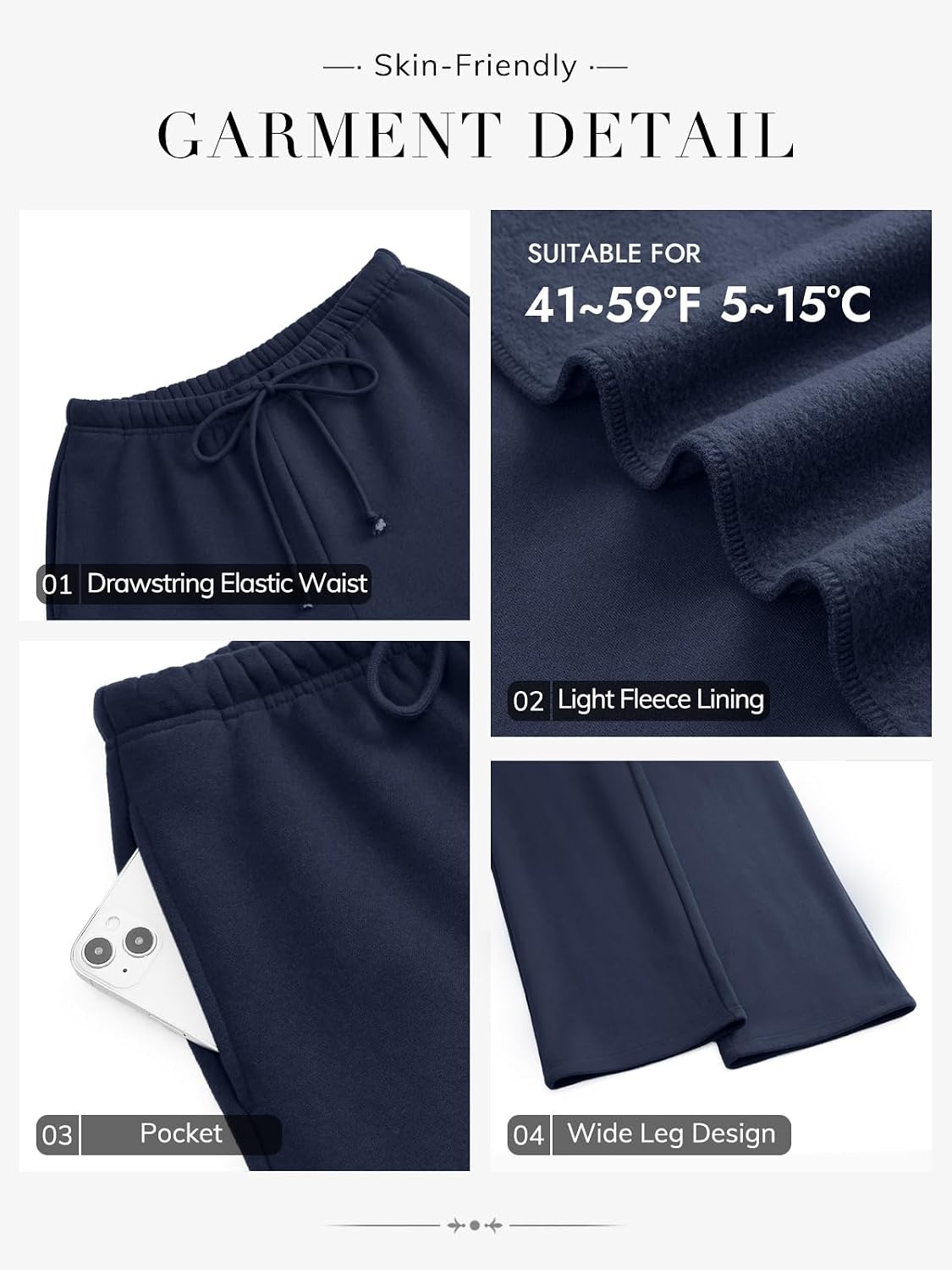image:imageATHMILE Womens Wide Leg Sweatpants Fleece Lined Pants Long Straight Streetwear Drawstring Low Waist Loose Baggy JoggerNavy