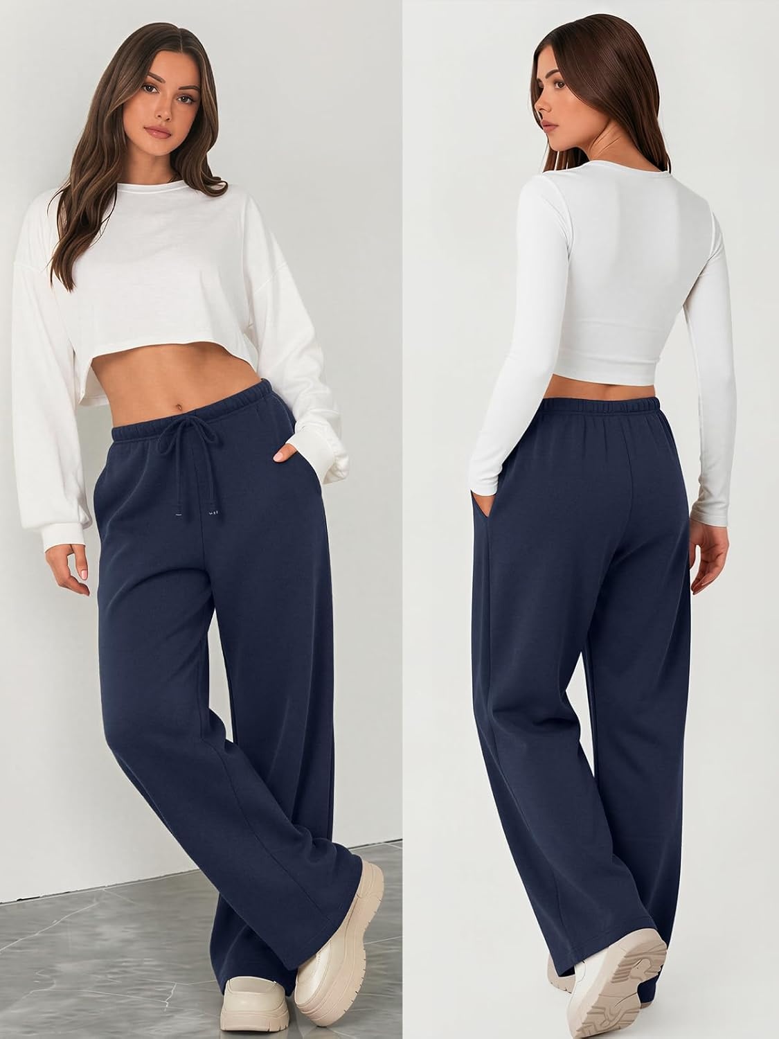 image:imageATHMILE Womens Wide Leg Sweatpants Fleece Lined Pants Long Straight Streetwear Drawstring Low Waist Loose Baggy JoggerNavy