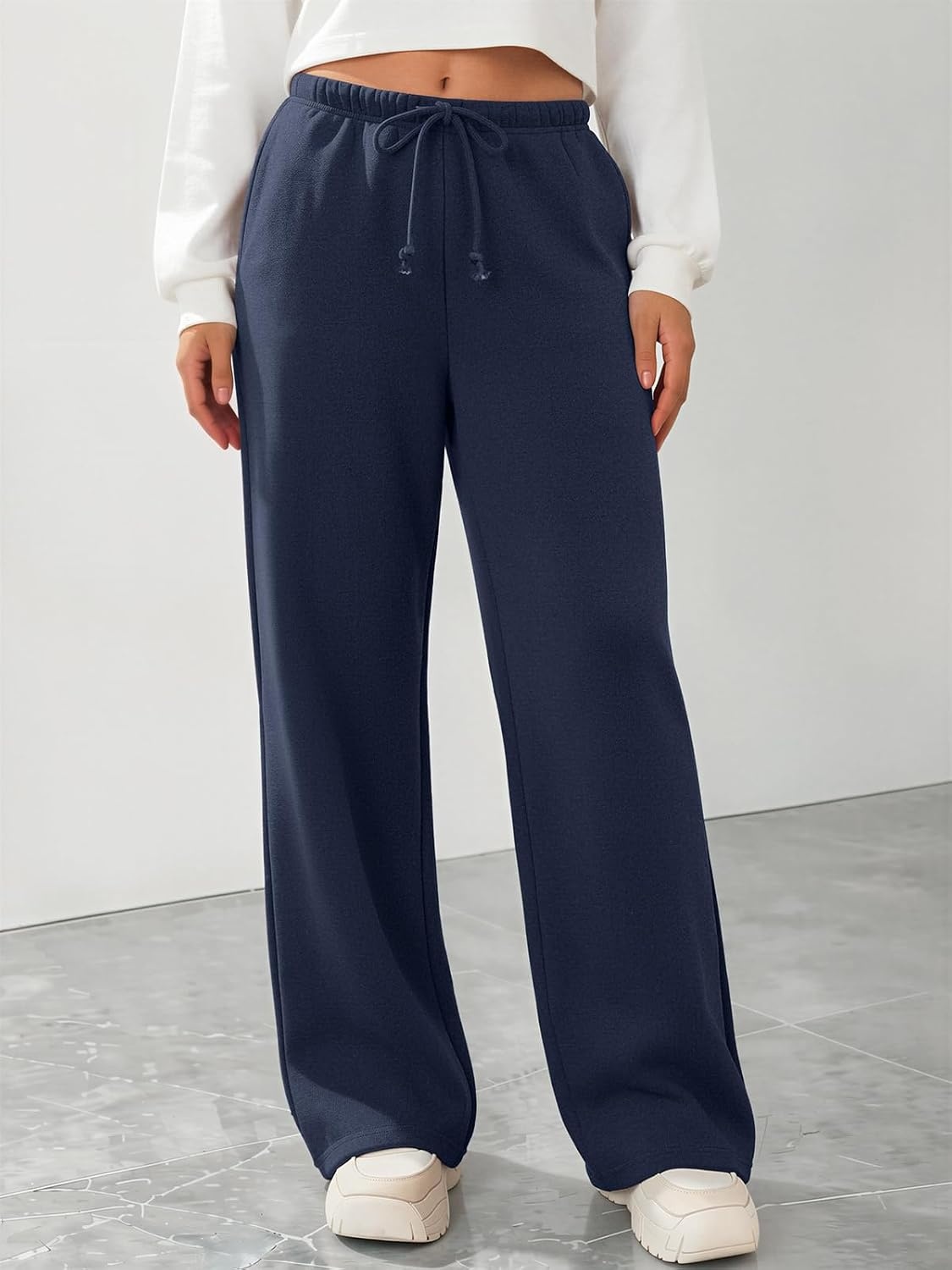 image:imageATHMILE Womens Wide Leg Sweatpants Fleece Lined Pants Long Straight Streetwear Drawstring Low Waist Loose Baggy JoggerNavy