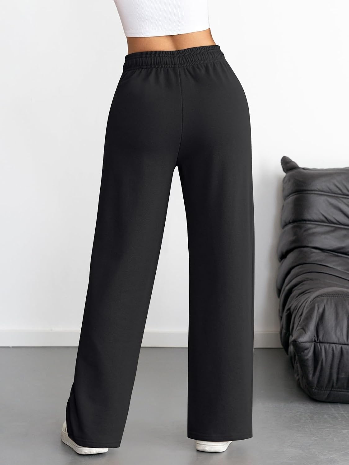 image:imageATHMILE Womens Wide Leg Sweatpants High Waisted Baggy Interior Drawstring Joggers Straight Leg Sweat Pants with PocketsBlack