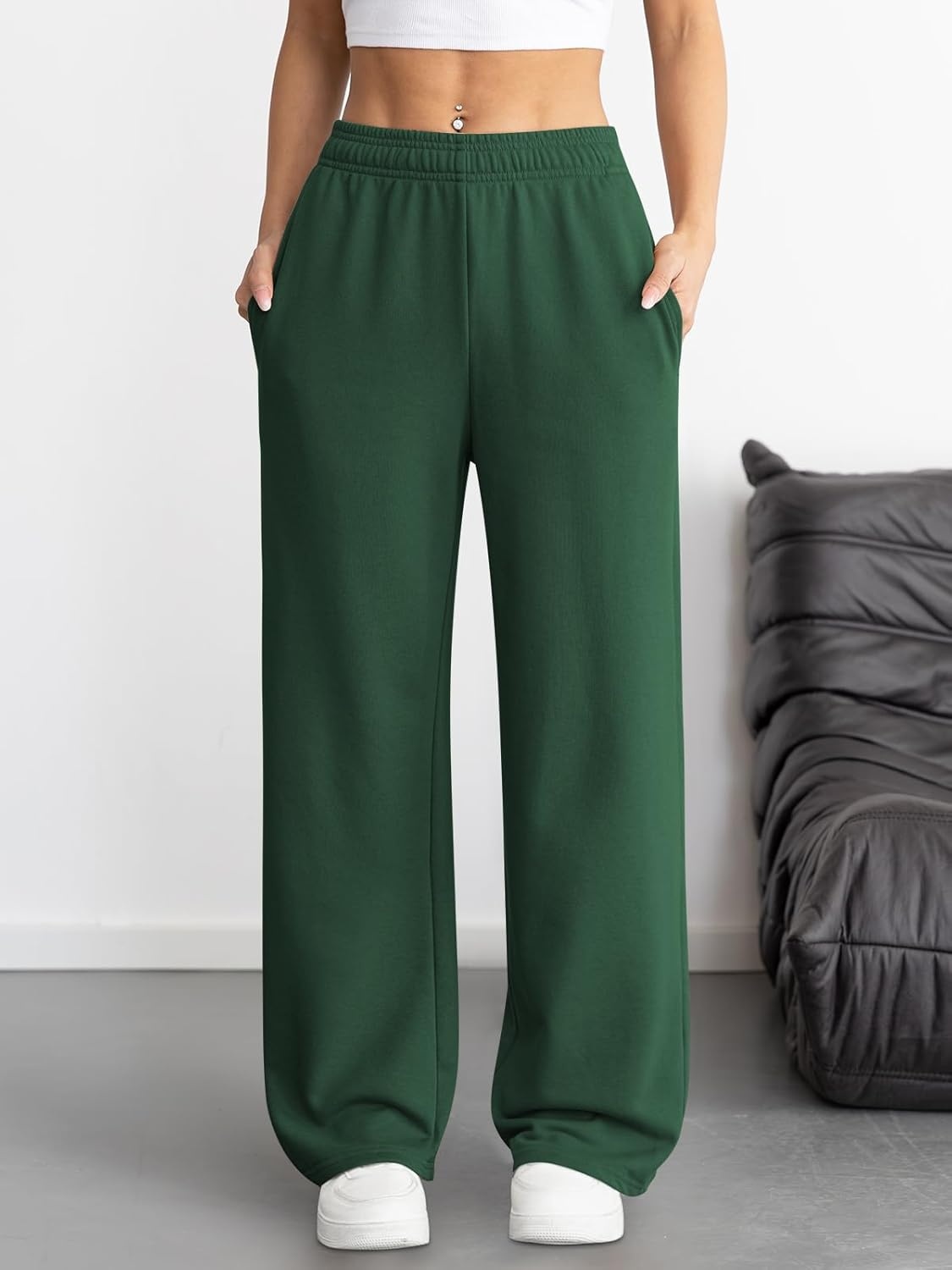 image:imageATHMILE Womens Wide Leg Sweatpants High Waisted Baggy Interior Drawstring Joggers Straight Leg Sweat Pants with PocketsDark Green