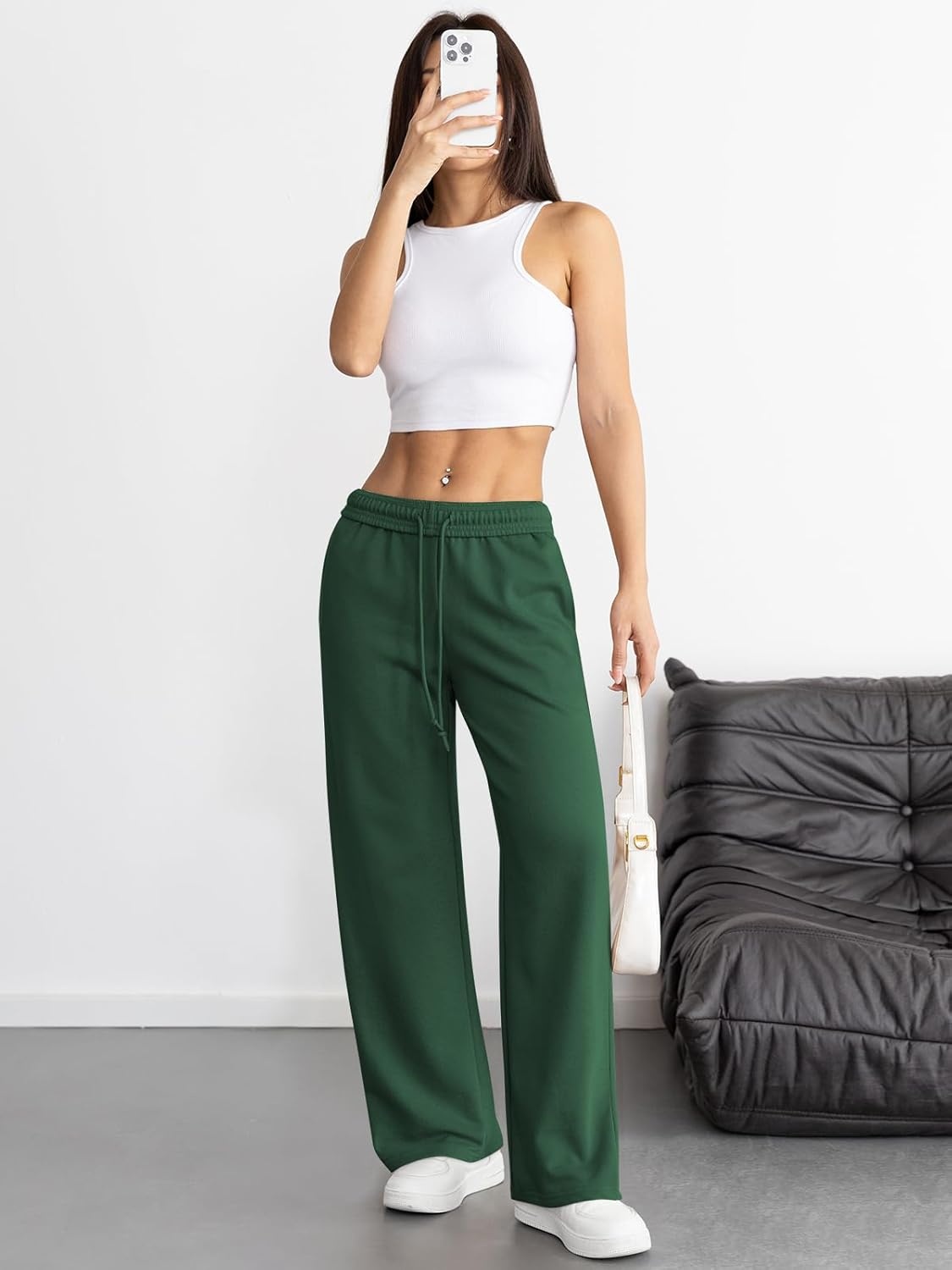 image:imageATHMILE Womens Wide Leg Sweatpants High Waisted Baggy Interior Drawstring Joggers Straight Leg Sweat Pants with PocketsDark Green