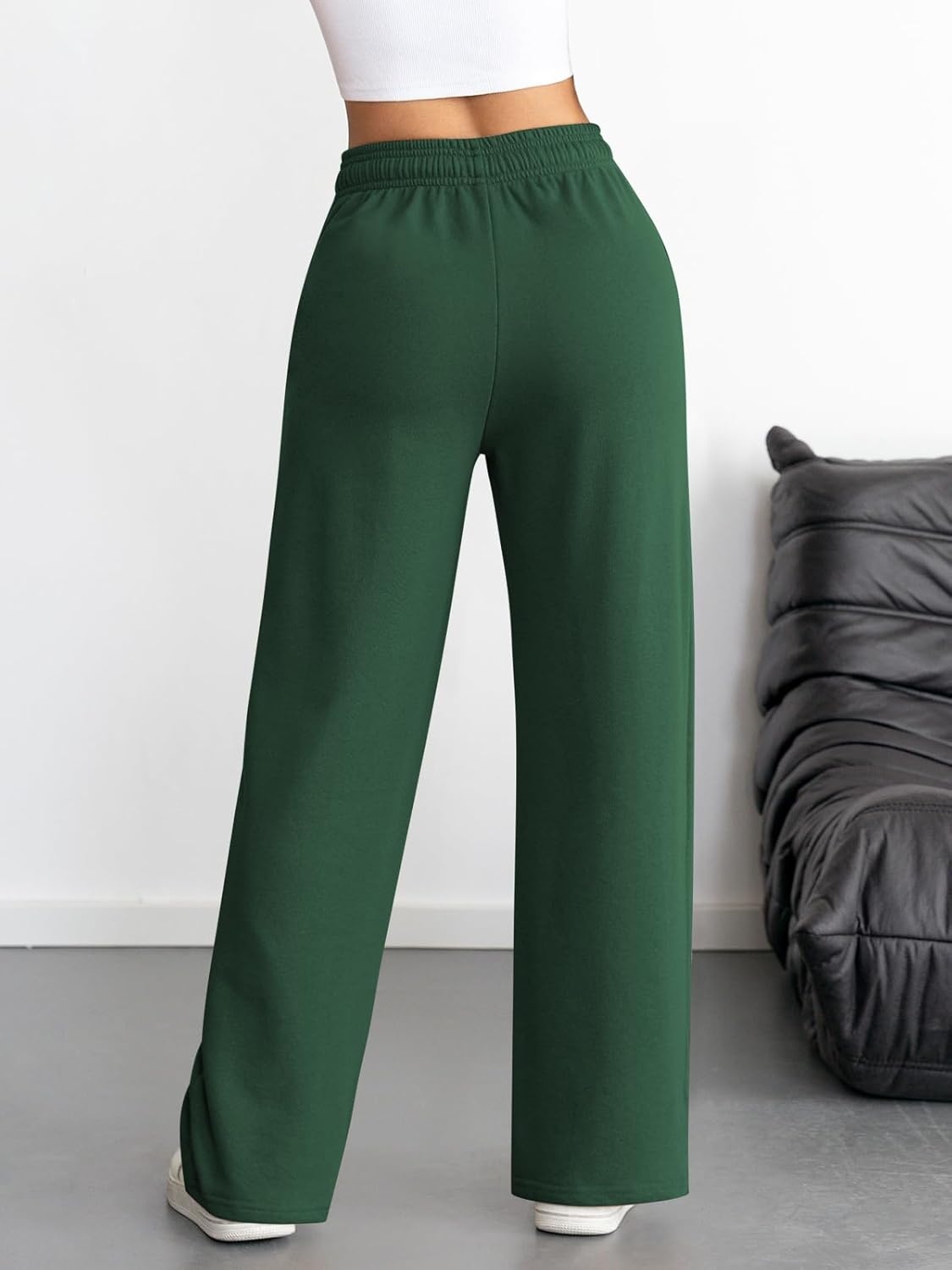 image:imageATHMILE Womens Wide Leg Sweatpants High Waisted Baggy Interior Drawstring Joggers Straight Leg Sweat Pants with PocketsDark Green